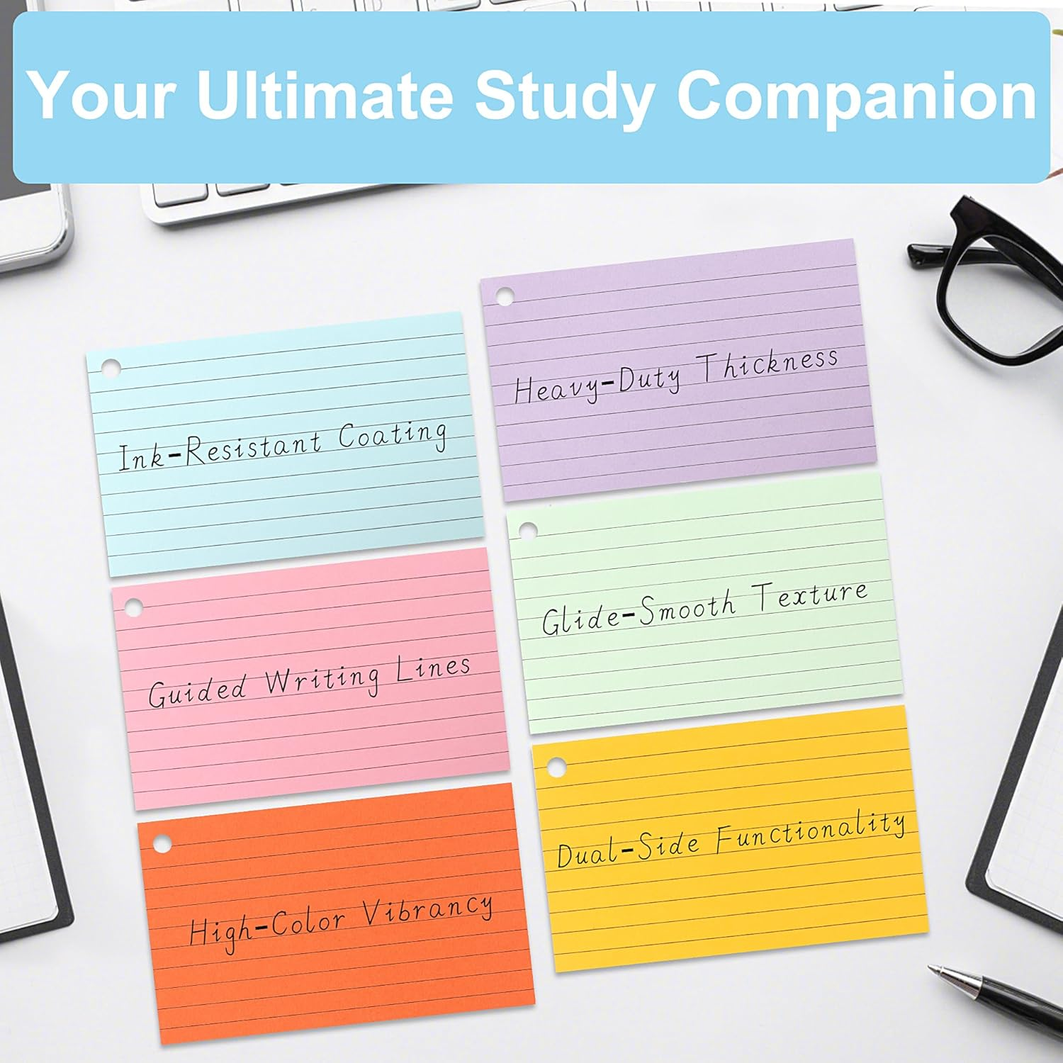 JUNART 300 Pcs Index Cards(6 Colours &times; 50 Pages) with 6 Binder Rings, Perforated Colourful Flash Cards for Study Notes, Office, Home, Etc image number 5