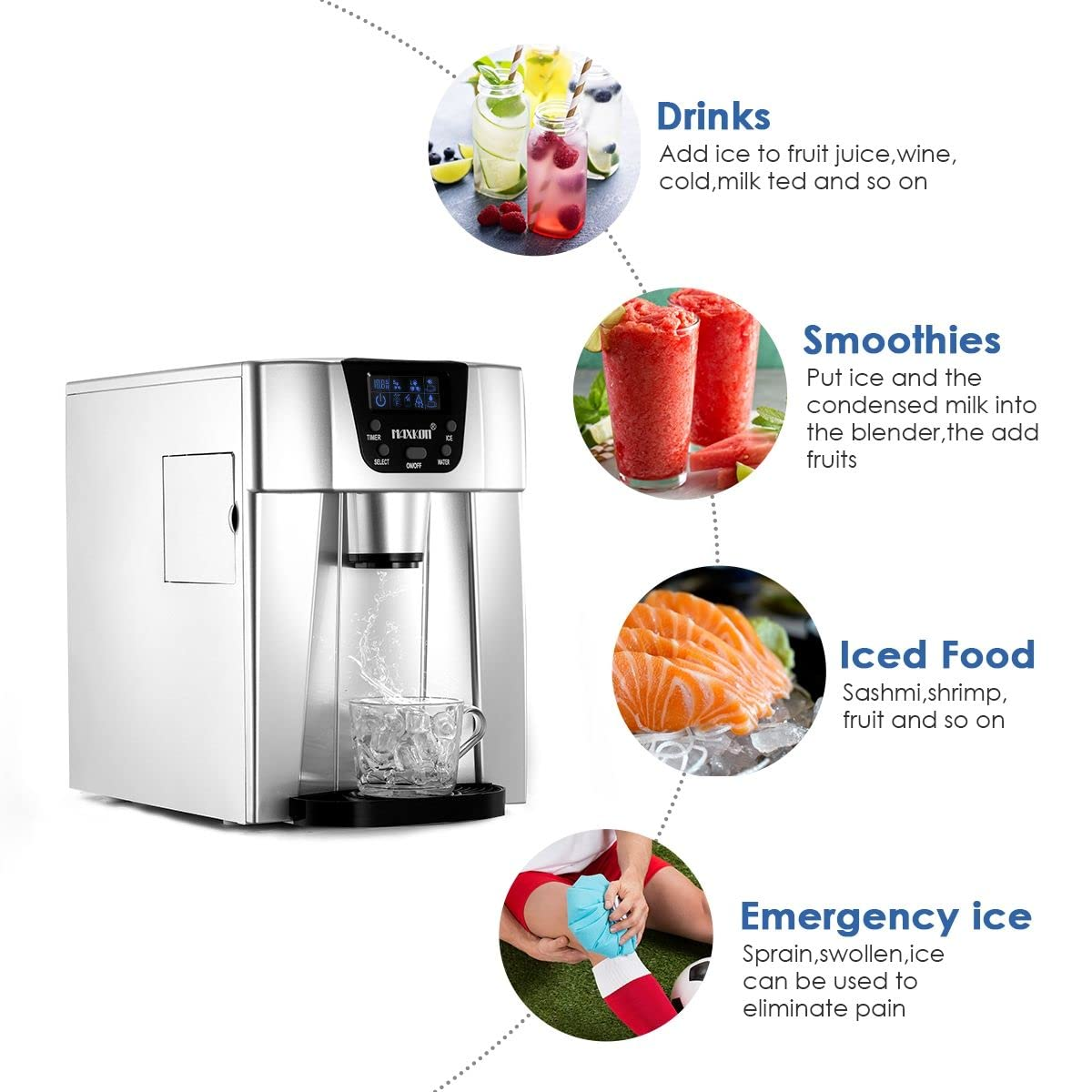 Maxkon Portable Ice Maker Countertop - 12Kg Ice in 24 Hrs, Cube Ready in 6-12 Mins, 3L Machine with Scoop, 2 Sizes of Bullet Ice, Water Dispenser for Home Commercial Fast Freezer