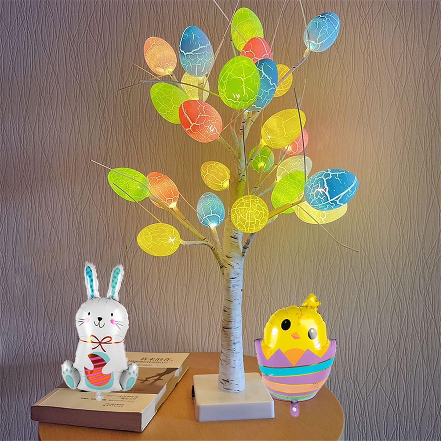 24 Inch Easter Pre-Lit White Birch Tree with Egg Ornaments, 24 Warm White Led Lights Table Centerpiece for Party Home Easter Decorations image number 1