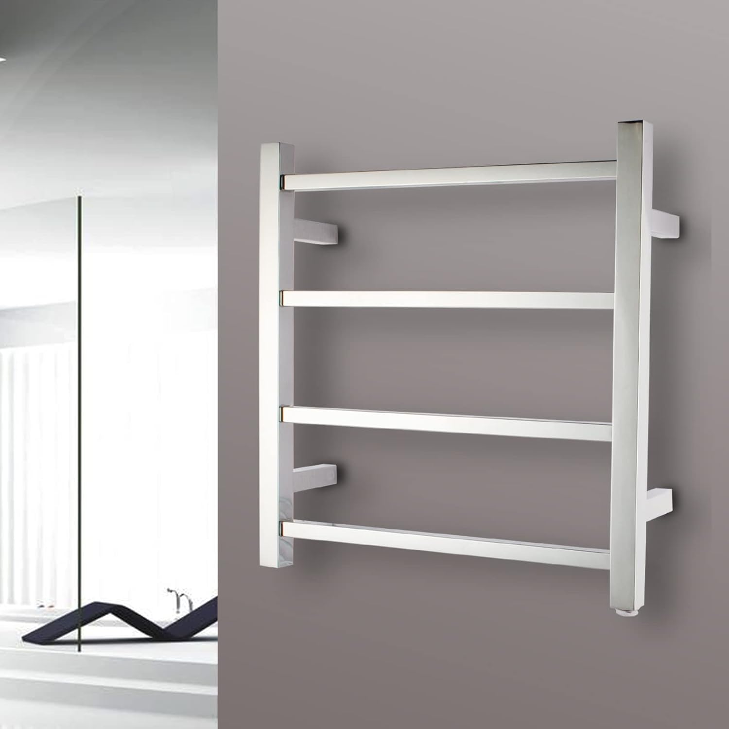 ACA Trading SAA Bathroom Heated Towel Rack,4 Rungs Square Electric Heated Towel Rail,Wall Mounted Towel Warmer Dryer,Stainless Steel Clothes Towel Drying Heater,Waterproof IP55 &SAA Apporved(Silver)