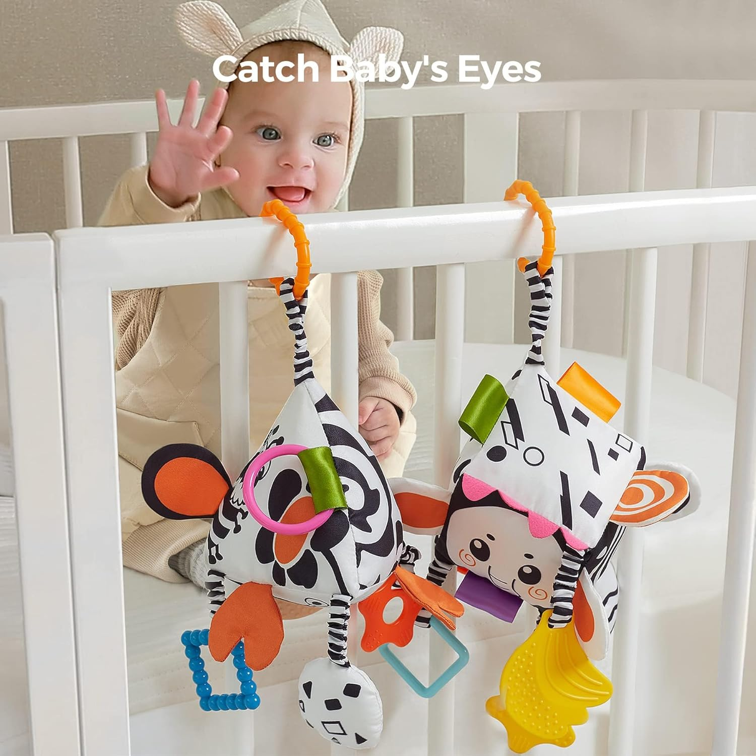 TUMAMA Baby Soft Hanging Rattle High Contrast Toys,Black and White Infant Toys 0-3 Months for Newborn,Baby Hanging Stroller Toy for Toddlers,Soft Sensory Rattles Toys Gift with Wind Chime image number 2