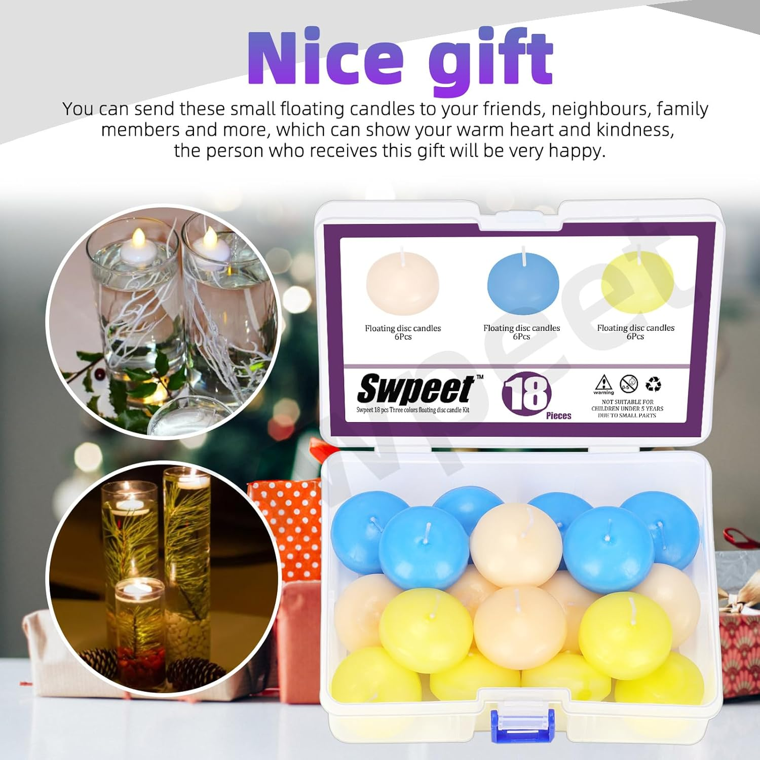 Swpeet 18Pcs 1.5 Inch Ivory/Yellow/Blue Unscented Floating Candles Set, Floating Discs Candles Driples Hand-Rolled Paraffin Wax Cotton Wicks for Centerpieces, Weddings, Parties and Christmas Home image number 3