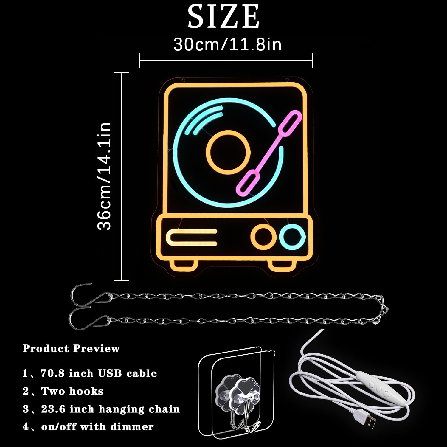 LMSIGNLY Record Player Neon Sign for Wall Decor Retro Music Record Neon Light Music Neon Light Sign Colorful Record Player LED Sign for Bedroom Music Classroom Concert Bar Party image number 5