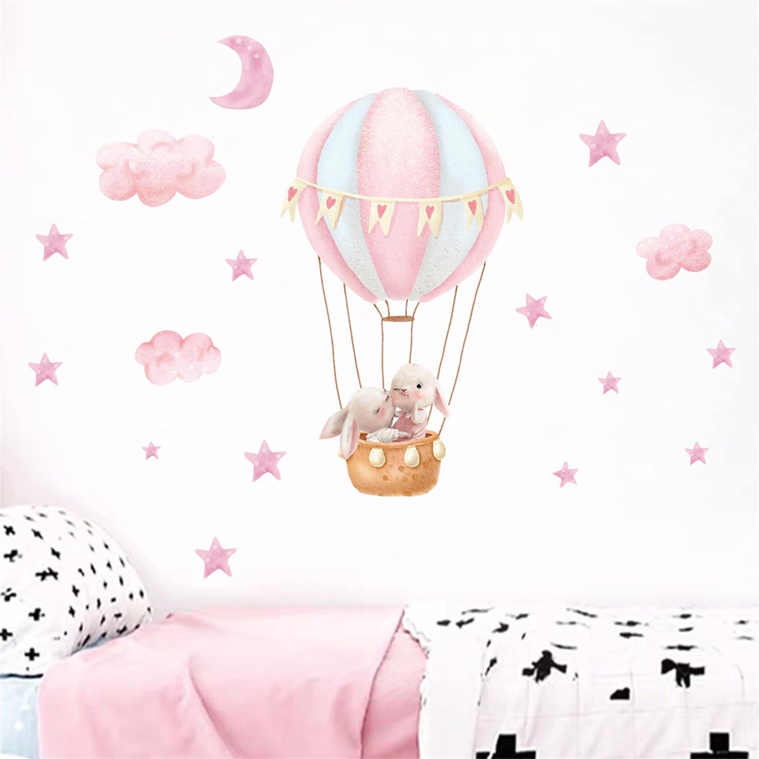 Pink Cloud Hot Air Balloon Rabbit Wall Decal Cute Bunny Moon and Stars Wall Stickers Baby Girls Room Nursery Decor image number 2