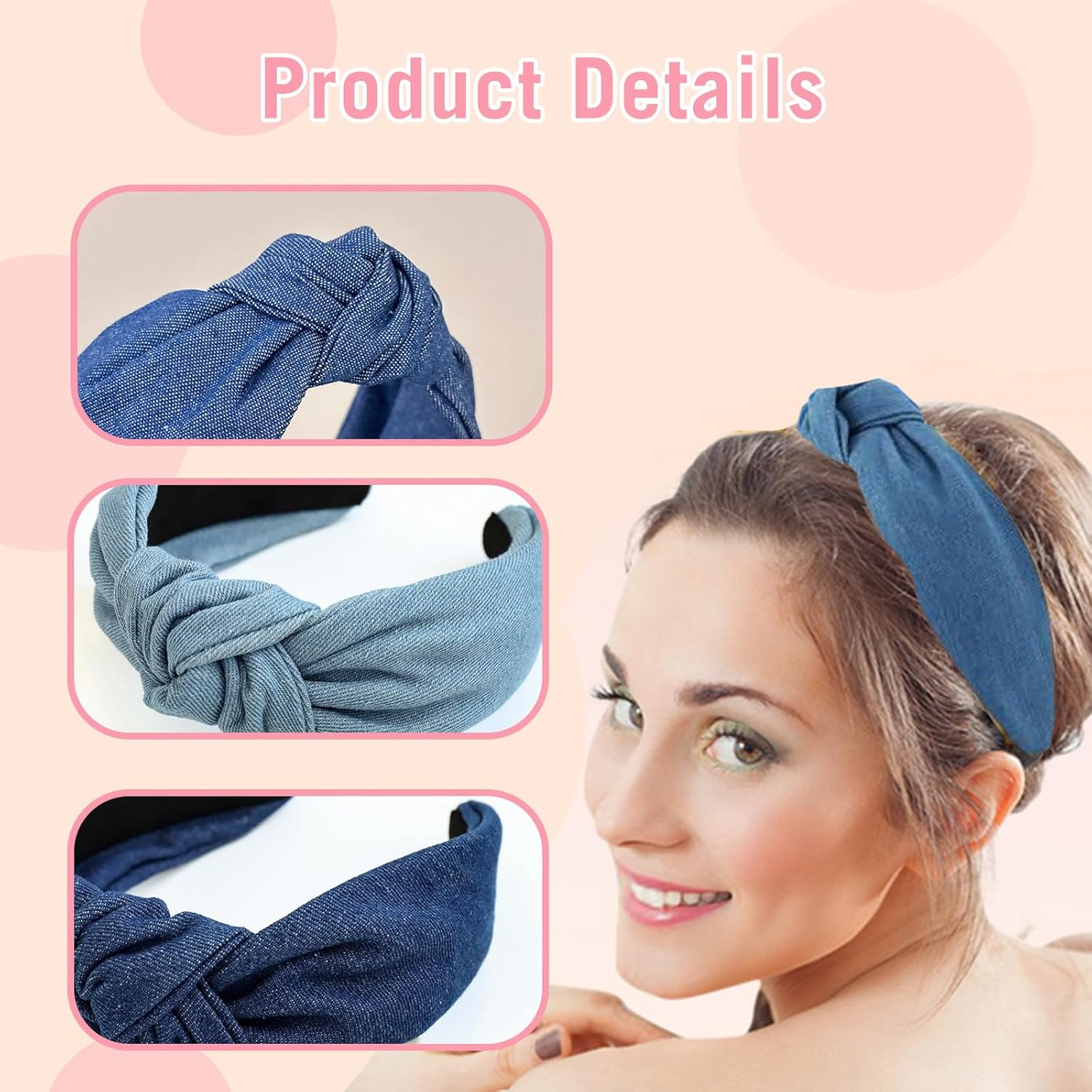 Pack of 2 Vintage Denim Knot Headbands Non-Slip Solid Wide Elastic Hair Bands with Cross Knotted Head Hair Accessories (Dark Blue Light Blue) image number 2