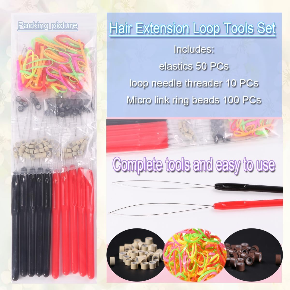 Hair Extension Loop Tools Set, 10 Pieces Pulling Needles with Beads, Black and Red Threader for Braiding, Tinsel & Extensions image number 1