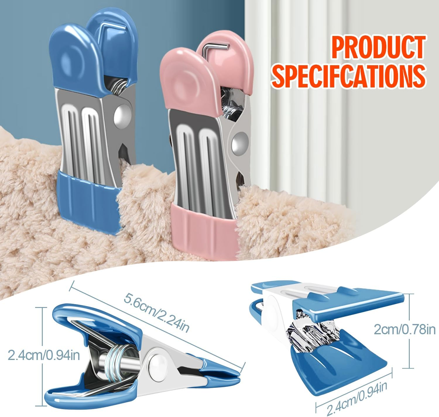 H HOME-MART 48 Pack Heavy Duty Clothes Pins - 2.17" Stainless Steel Metal Clips with Rubber Grips, Multi-Use Chip/Bag Clips for Laundry, Photo Drying, Food Storage, Clothesline & Kitchen (48 Count) image number 3