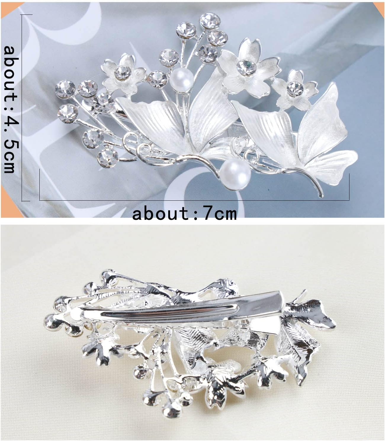 Tseenyi Wedding Flower Hair Clip Silver Crystal Barrette Beads Hair Clip Butterfly Hair Clip Beads Hair Clip Rhinestone Bridal Hair Accessories for Women and Girls image number 5