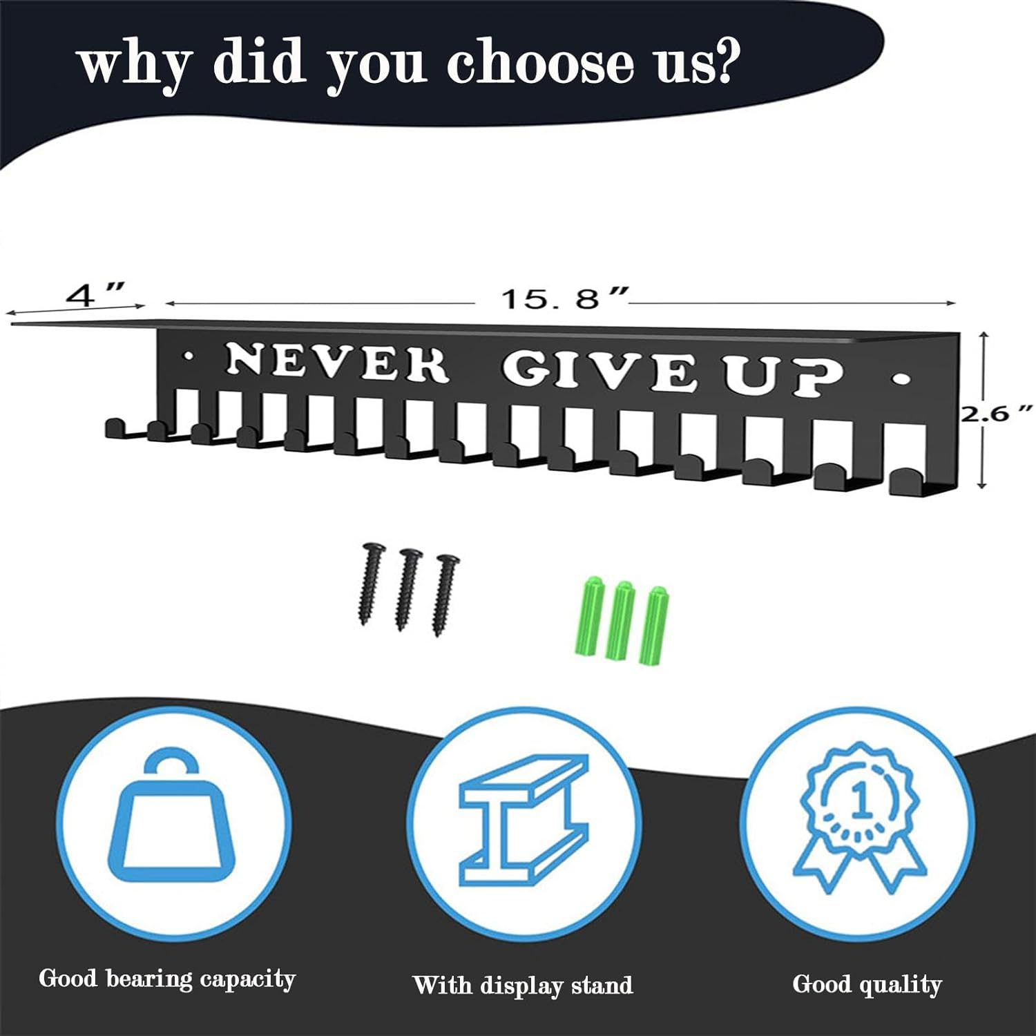 Medal Hanger Display,Trophy Shelf with 15 Hooks,Medal Holder Never Give Up,Upgraded Medal Display for Gymanstics,Race,Soccer,Swim image number 2