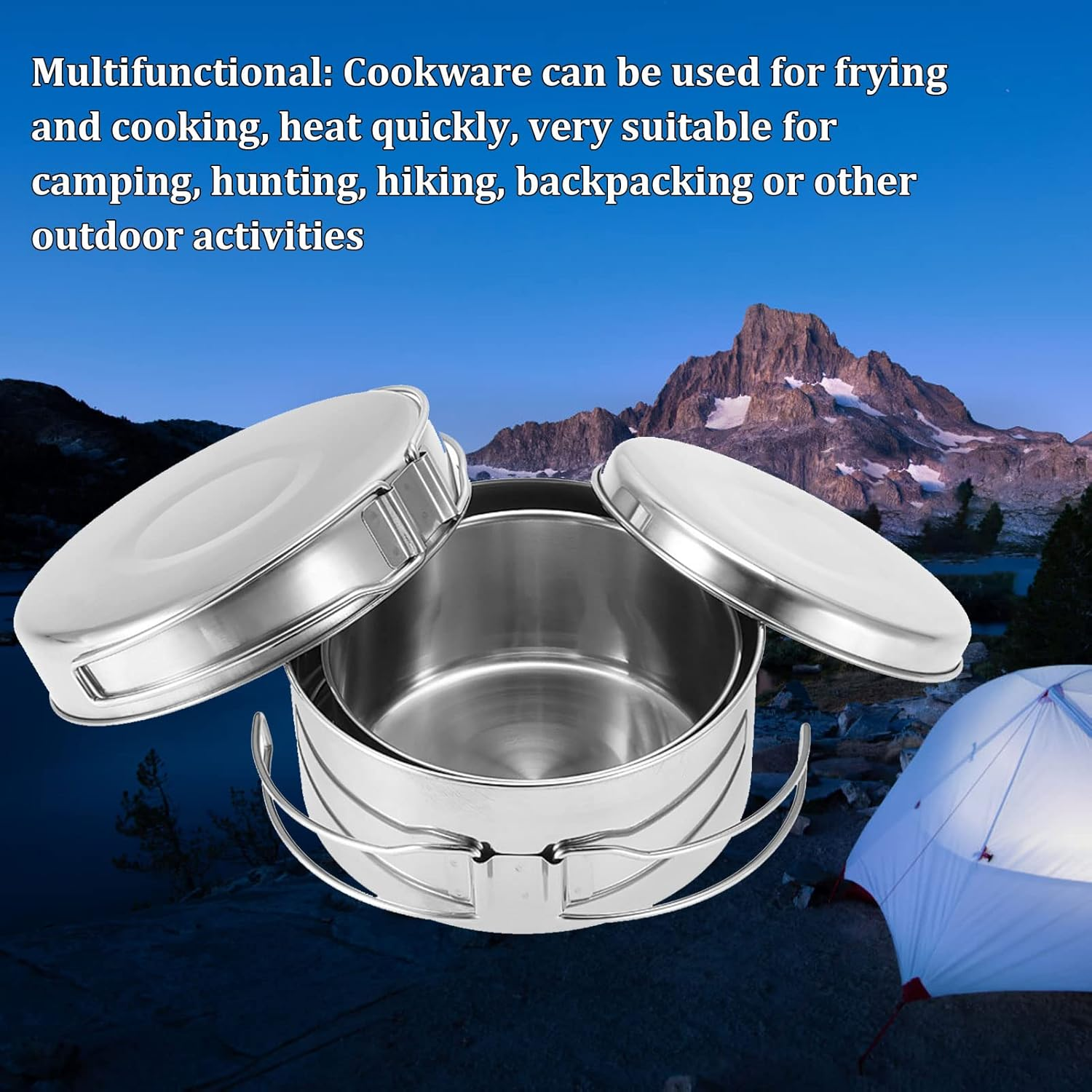 Camping Pots Pans, 4 Pieces Portable Stainless Steel Cookware Set Camping Picnic Outdoor Pan Pot Plate Tableware image number 4