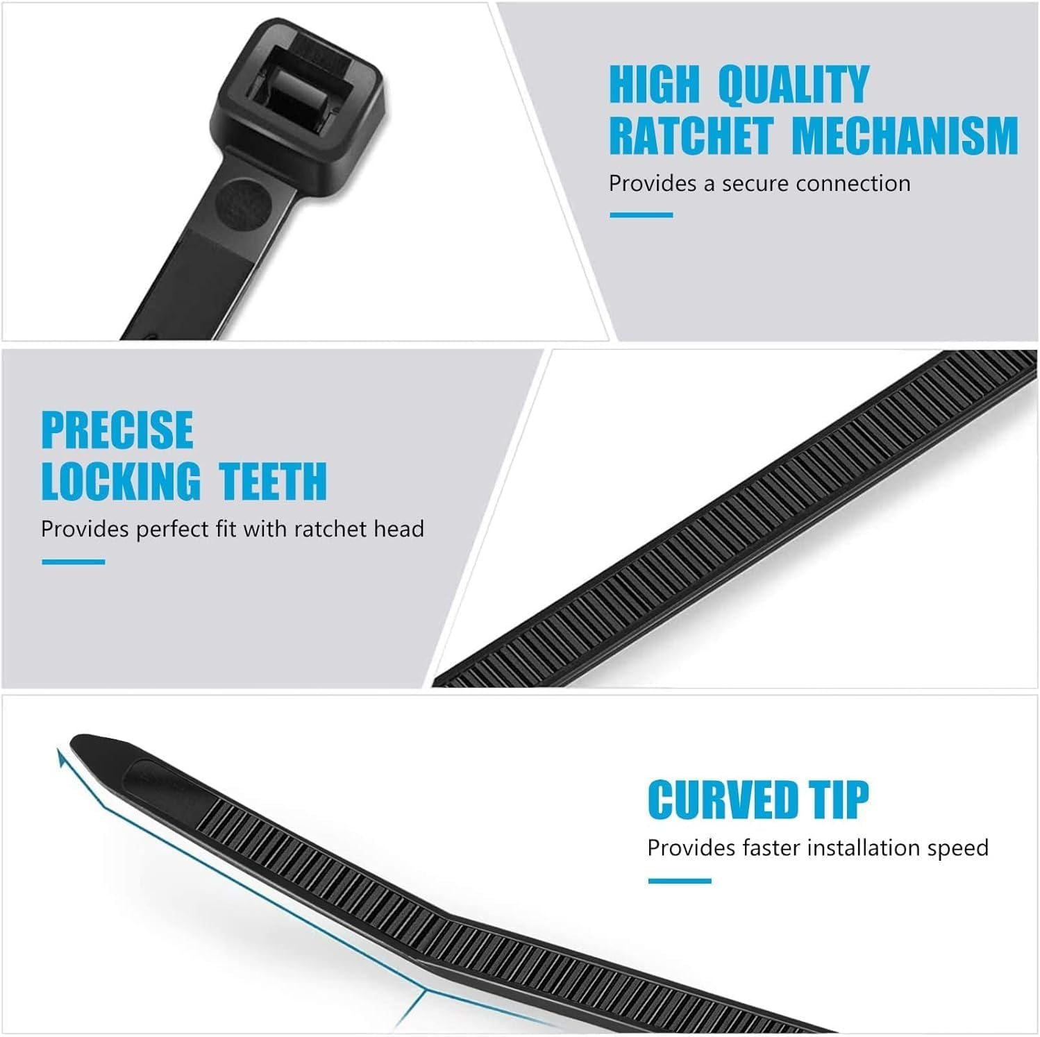 BUYLONG Cable Ties, 400 Pieces Black Various Sizes (6" + 8" + 10" + 12", Multi-Purpose Self-Locking Nylon Cable Wire Management, Plastic Wire Ties for Home, Office, Garden, Workshop - Black image number 2