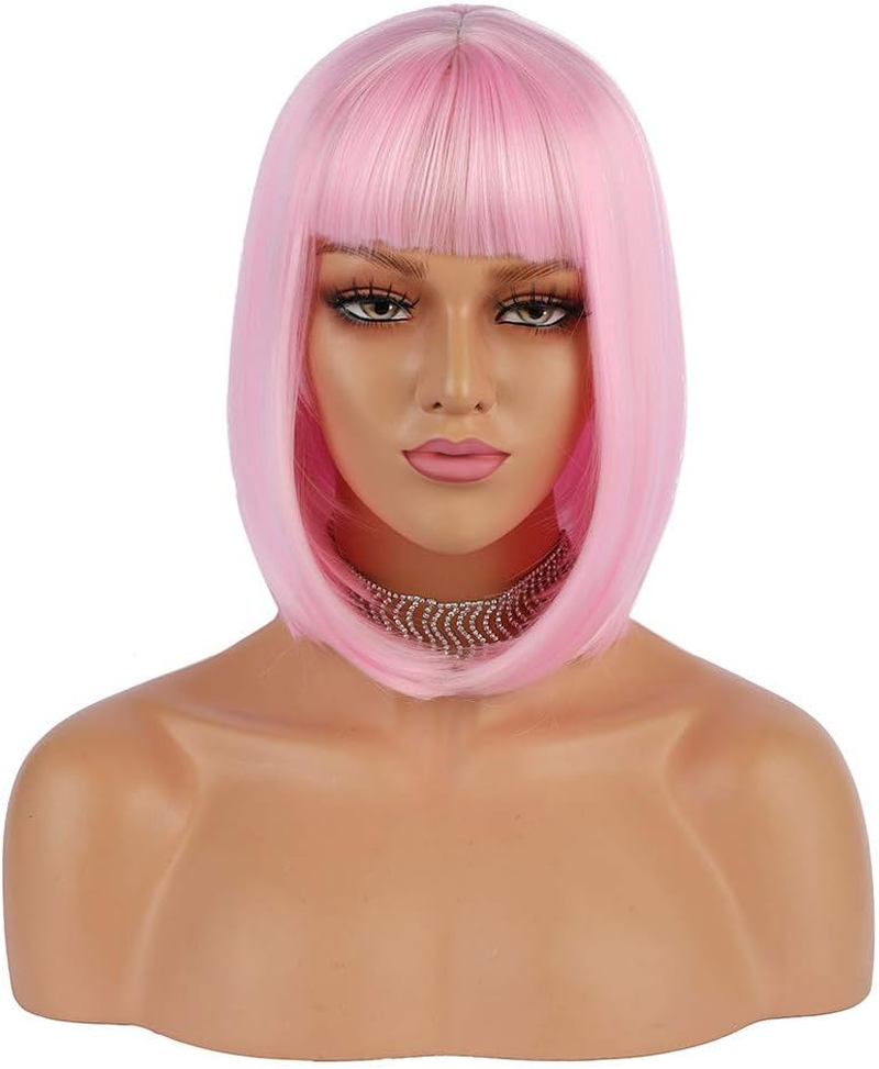 Enilecor Short Bob Hair Wigs 12" Straight with Flat Bangs Synthetic Colorful Cosplay Daily Party Wig for Women Natural as Real Hair+ Free Wig Cap (Light Pink) - Caramel, White image number 5