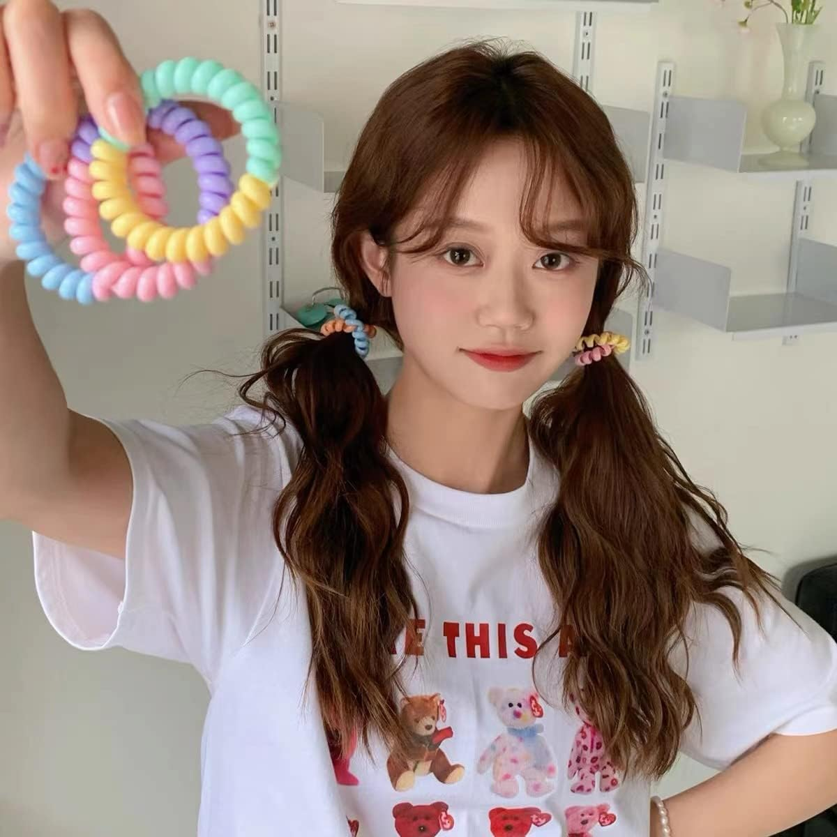 6Pcs Spiral Hair Ties for Women Phone Cord Tellie Telly Coil Plastic Tele Coiled Telephone Cord Stretchy Bracelet Hair Ties for Thick Hair Big Coils (Mixed Color) image number 3