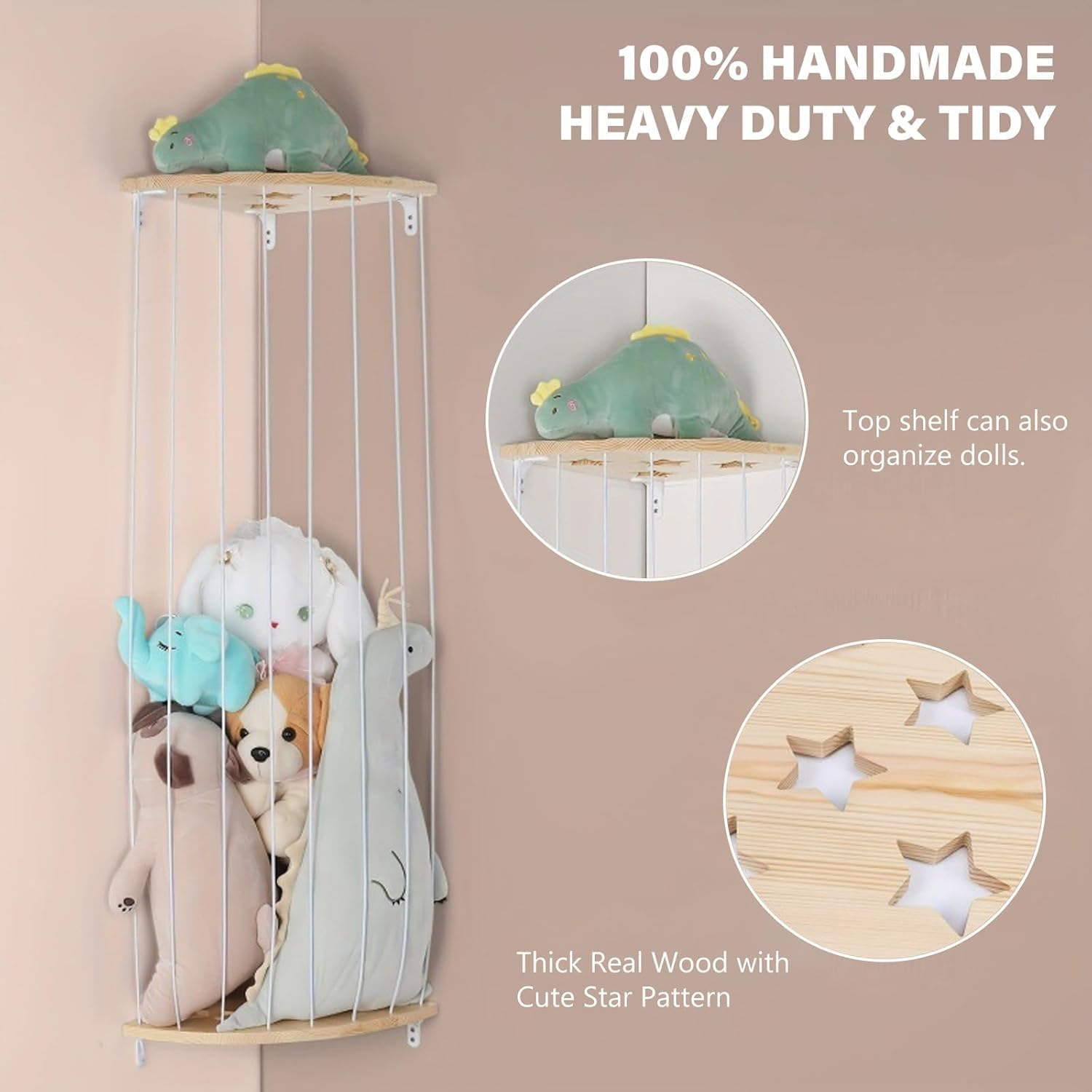 Stuffed Animal Storage for Plushie Toys, Wood Corner Stuffed Animal Toy Hammock Hanging, Stuffed Animal Net for Plushie Toys with Adjustable Height for Kids Playroom Bedroom Organizer