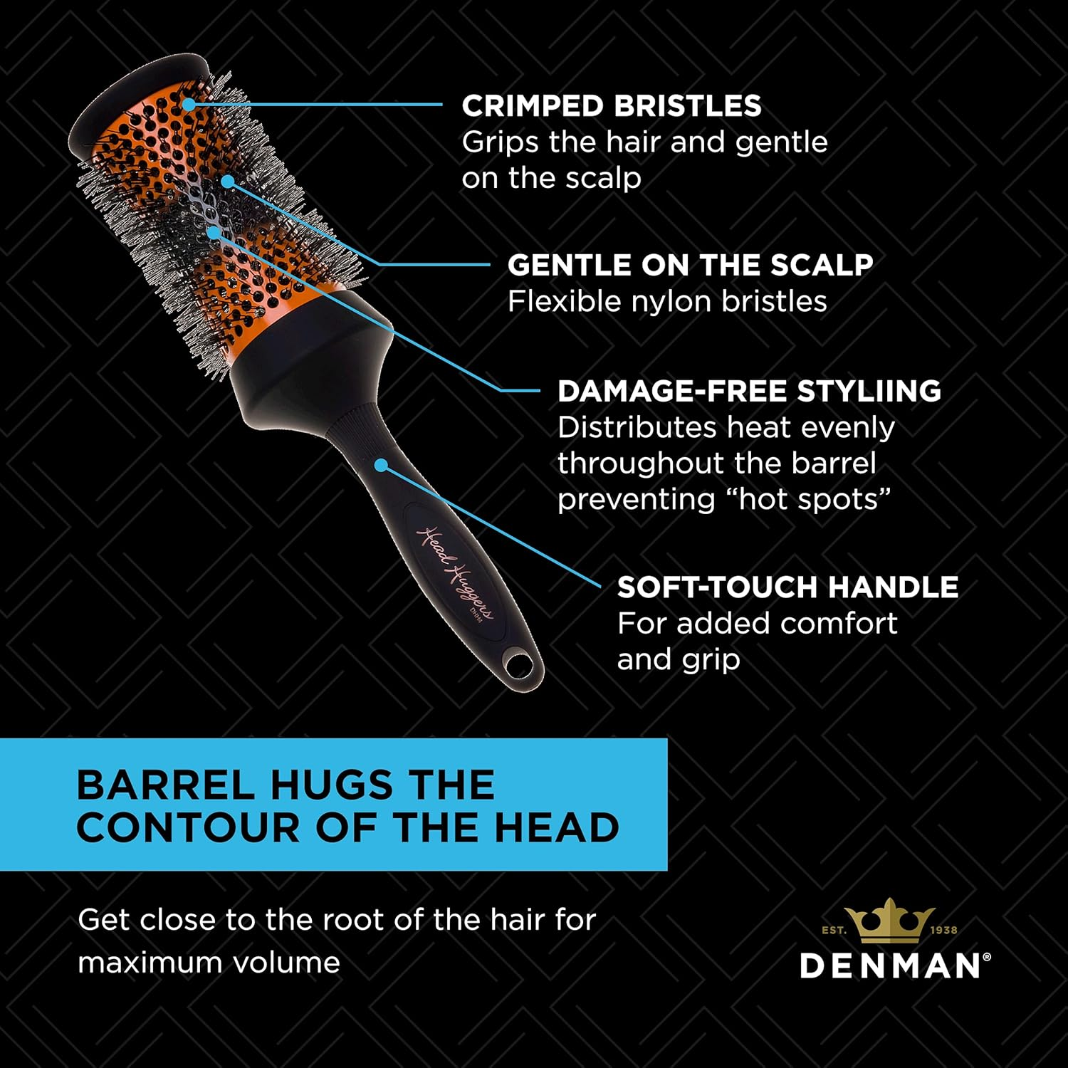 Denman (Large) Thermo Ceramic Hourglass Hot Curl Brush - Hair Curling Brush for Blow-Drying, Straightening, Defined Curls, Volume & Root-Lift - Orange & Black, (DHH4) image number 3