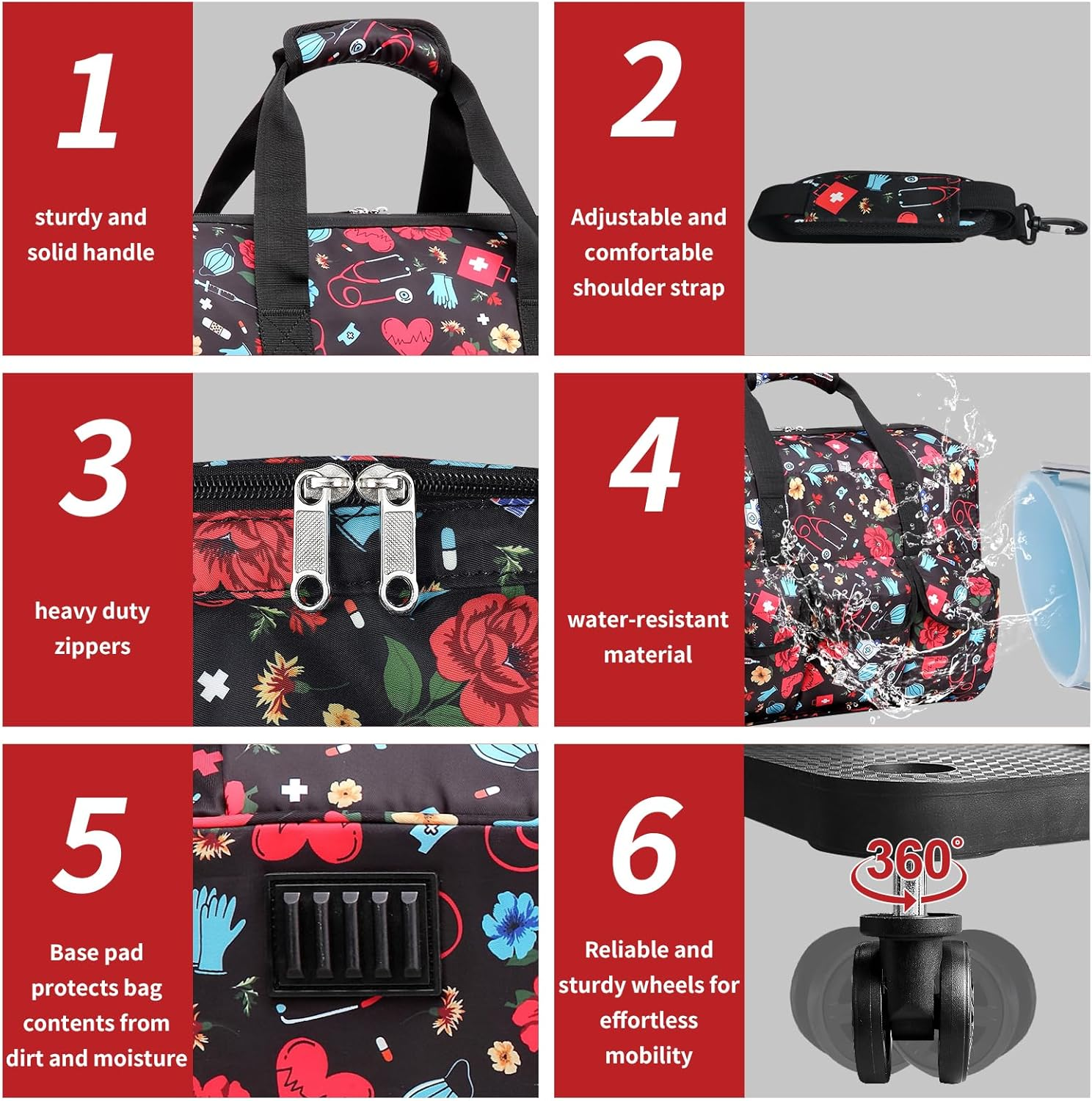 Nurse Rolling Medical Duffle Bag for Work, Clinical Home Health, CNA Gift - Carry on Bag with Wheels for Doctor, EMT, EMS Healthcare, 18.5 X 10.7 X 13 Inches - Black And Red image number 4