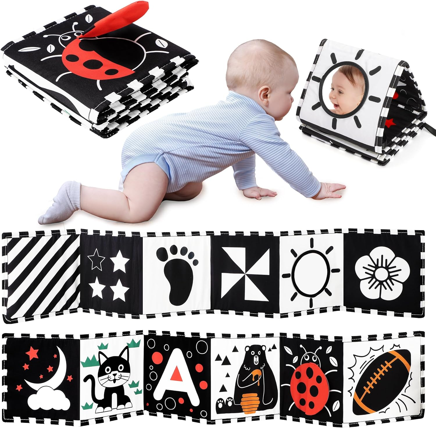 URMYWO Contrast Book Baby, Black White Double-Sided Baby Fabric Book Soft Picture Book with Mirrors, Pram Contrast Toy Baby 0 3 6 Months Gift for Babies