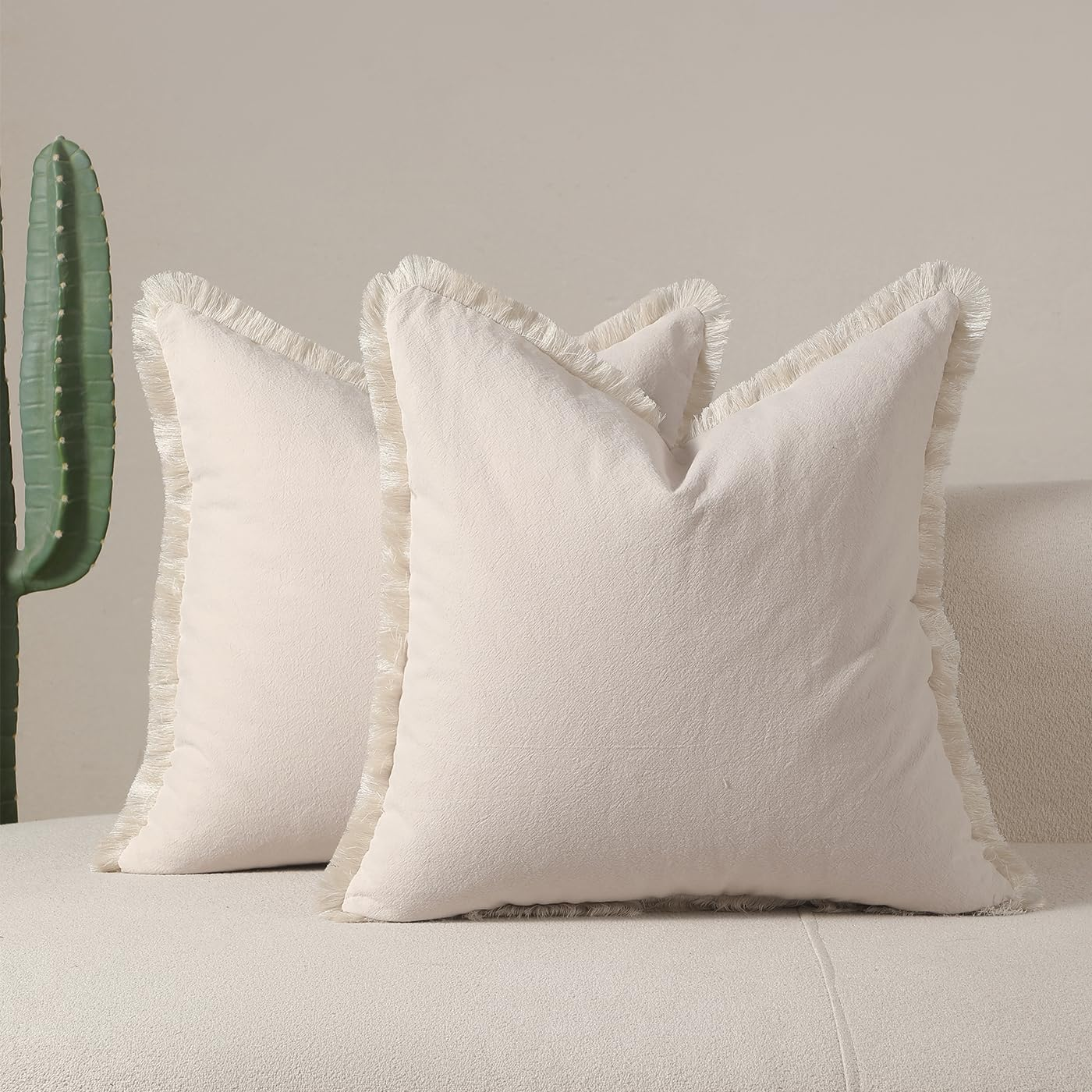 Set of 2 Decorative Linen Fringed Throw Pillow Cover, Cozy Boho Cushion Covers with Tassel Soft Washed Cotton Pillowcase Cushion for Couch Sofa Farmhouse Living Room Bed Natural Home Decor 18X18 Inch