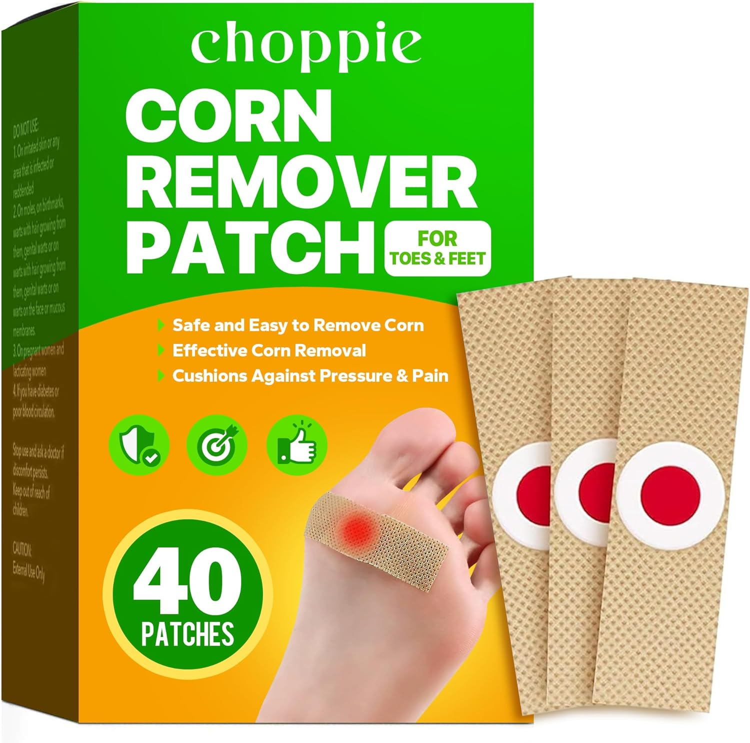 Choppie Corn Removers for Toes (40 Patches), Corn Removers for Feet, Foot Corns Health Patch - 40% Salicylic Acid Long Adhesive, Foot Pads for Adults Seniors Teens Athletes Hikers Workers Men Women image number 2