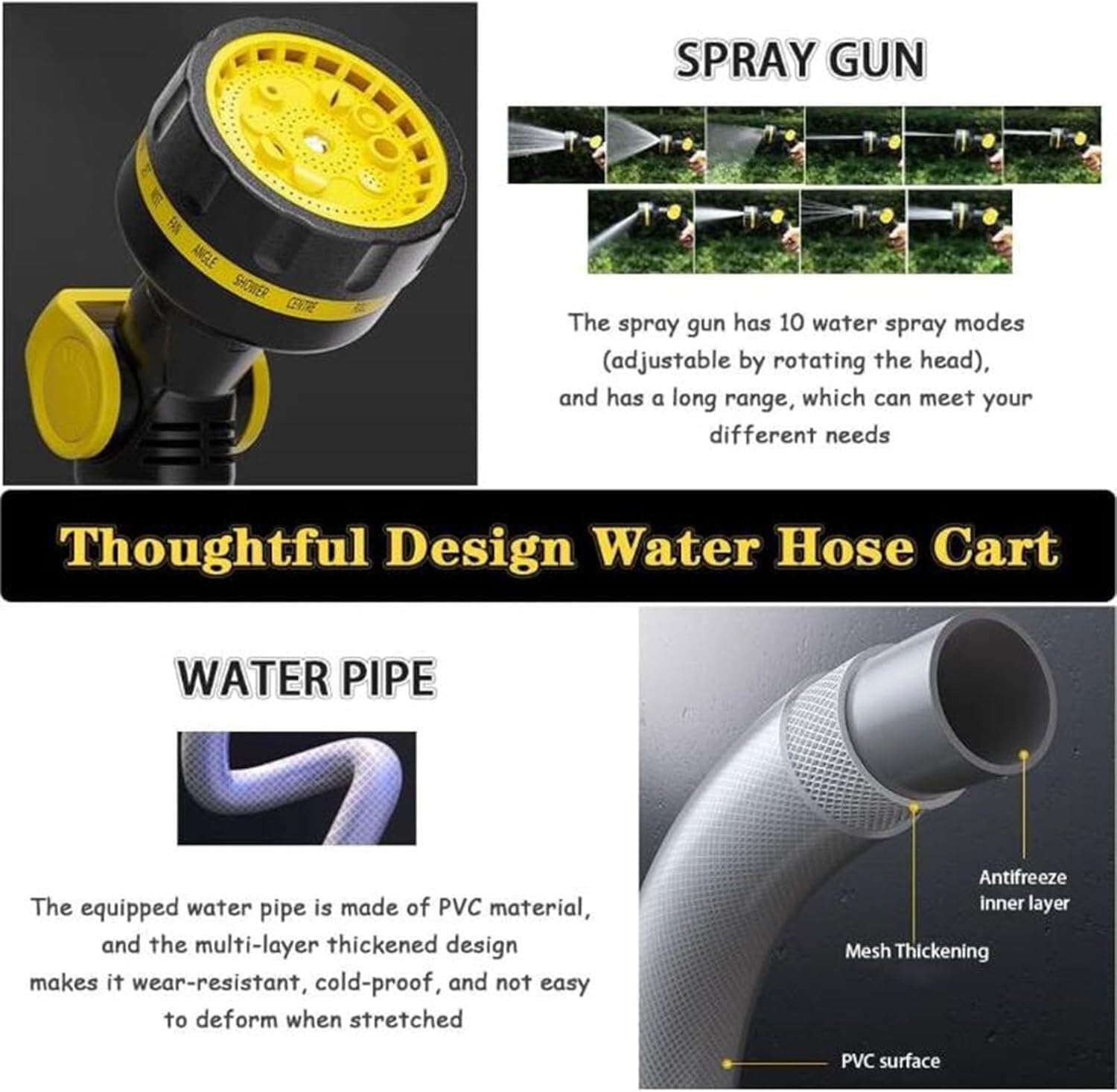 Retractable Garden Hose Reel, 22M Garden Pressure Washer Hoses Reel Cart with 10-Pattern Spray Nozzle, with Hose Guide, Multifunctional for Car Washing, Vegetable Watering Outdoor Cleaning (22M) image number 3