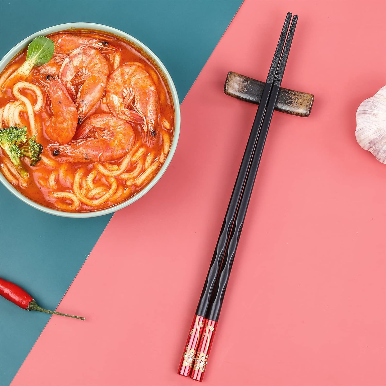 Fiberglass Chopsticks Series - Japanese Non-Slip Chopstick, Reusable Chop Sticks Dishwasher Safe, 5 Pairs, Gift Set, 9.9 Inches, Spring Flower