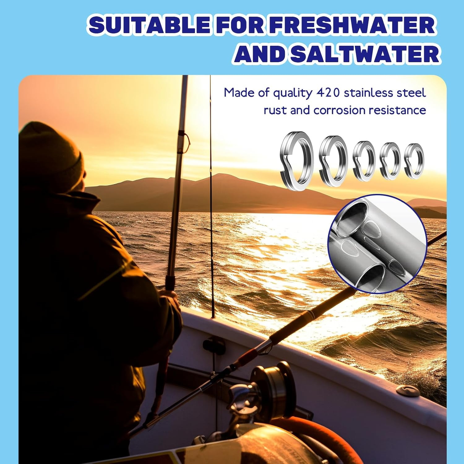 Waltool 5 Sizes Fishing Split Rings Assortment Kit Stainless Steel Double Flat Lure Tackle Connector 30Lb to 120Lb Test for Trolling Jigging Offshore image number 4