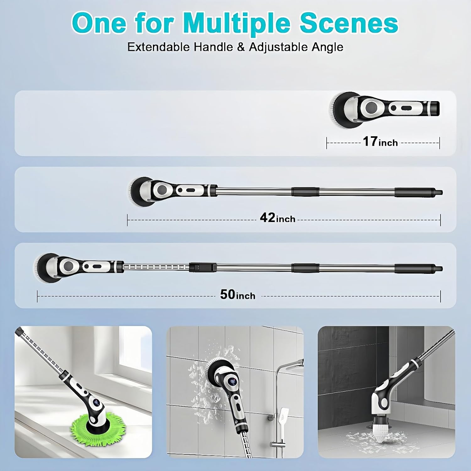 Electric Spin Scrubber, Voice Digital Display IPX7 Waterproof Handle Electric Cleaning Brush with 9 Replaceable Heads, Upgraded Extension Handle for Bathtub, Tile, Floor image number 1