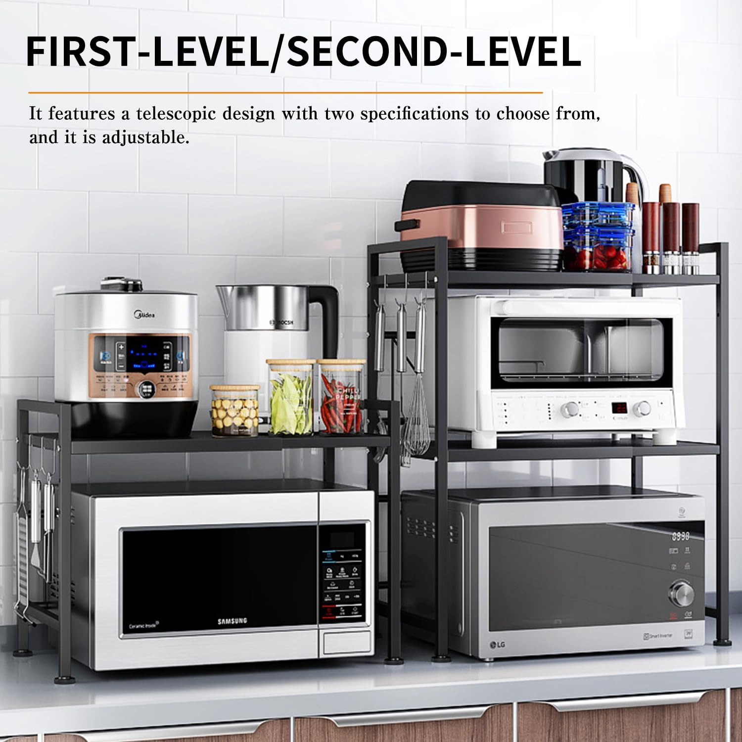 ZAOZAOLLND Microwave Oven Rack,2-Tier Expandable Microwave Stand Countertop Kitchen Utensils Tableware Storage (White, 3 Tier)