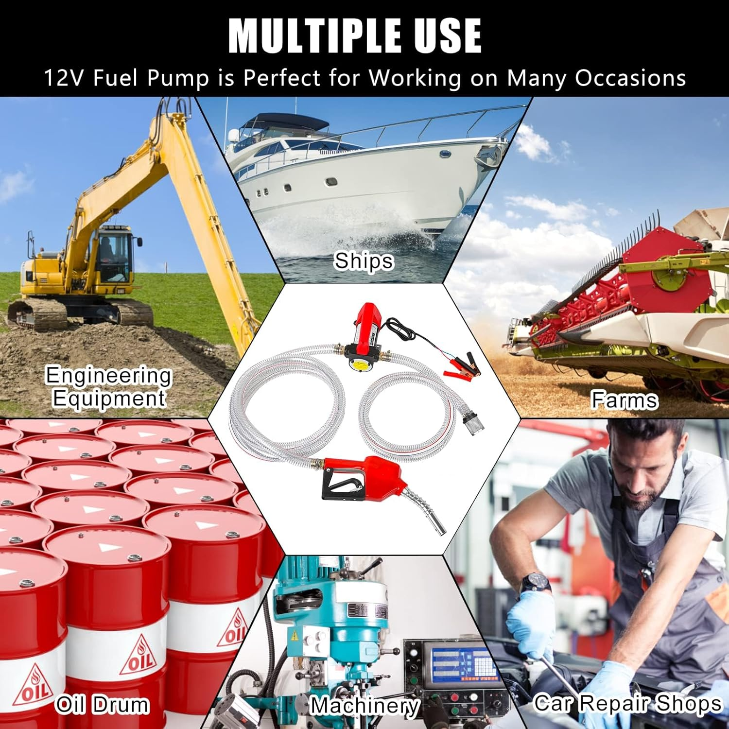 Portable Electric Fuel Transfer Pump, 12V DC Automatic Shut-Off Nozzle and Diesel, Kerosene, Machinery, Transformer, 6 Meters Flexible Digital Display Gun image number 2