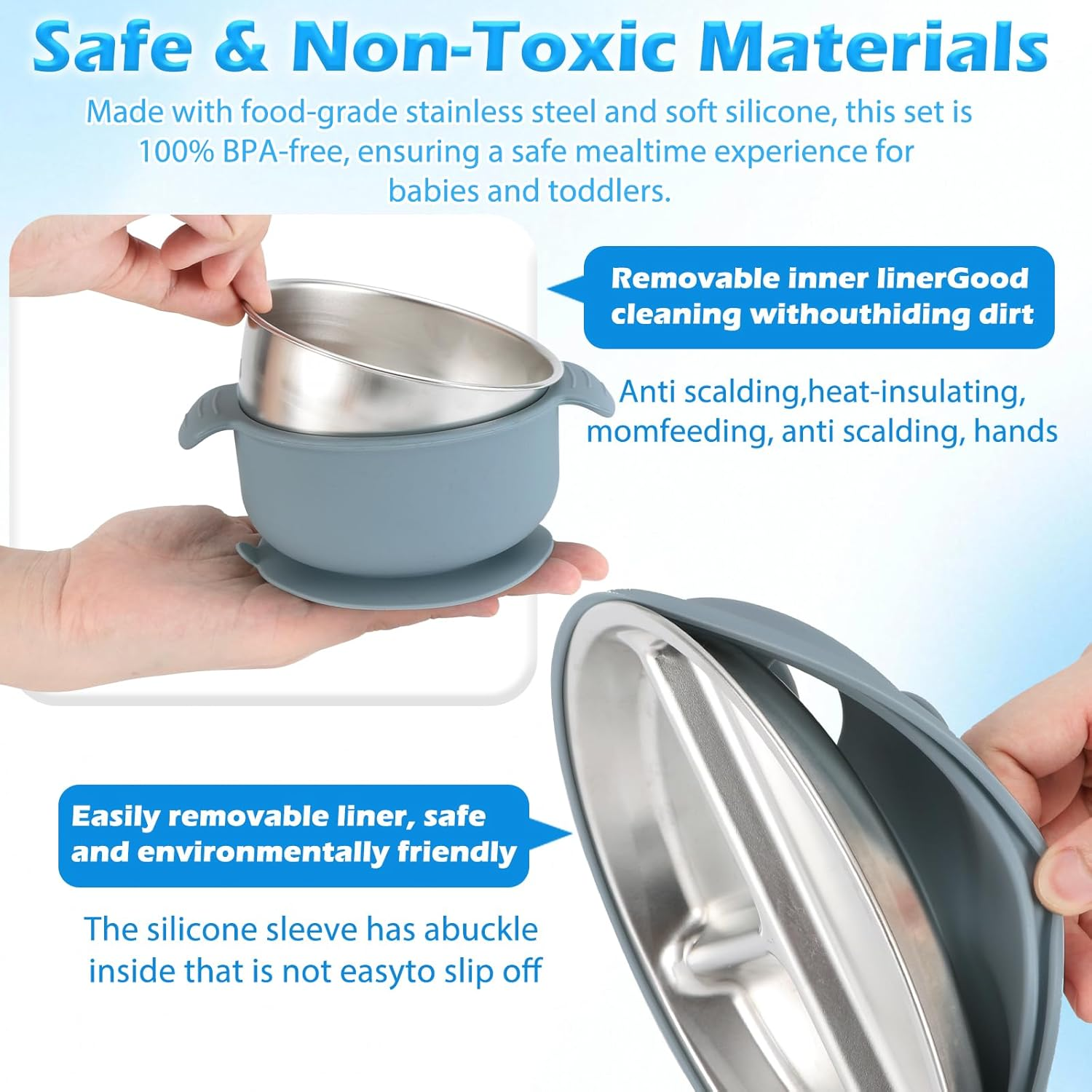 Silicone Feeding Set,Stainless Steel Suction Plate,Baby Utensil Set.Include a Spoon,A Fork, a Plate,A Stainless Steel Kids Bowl. image number 5