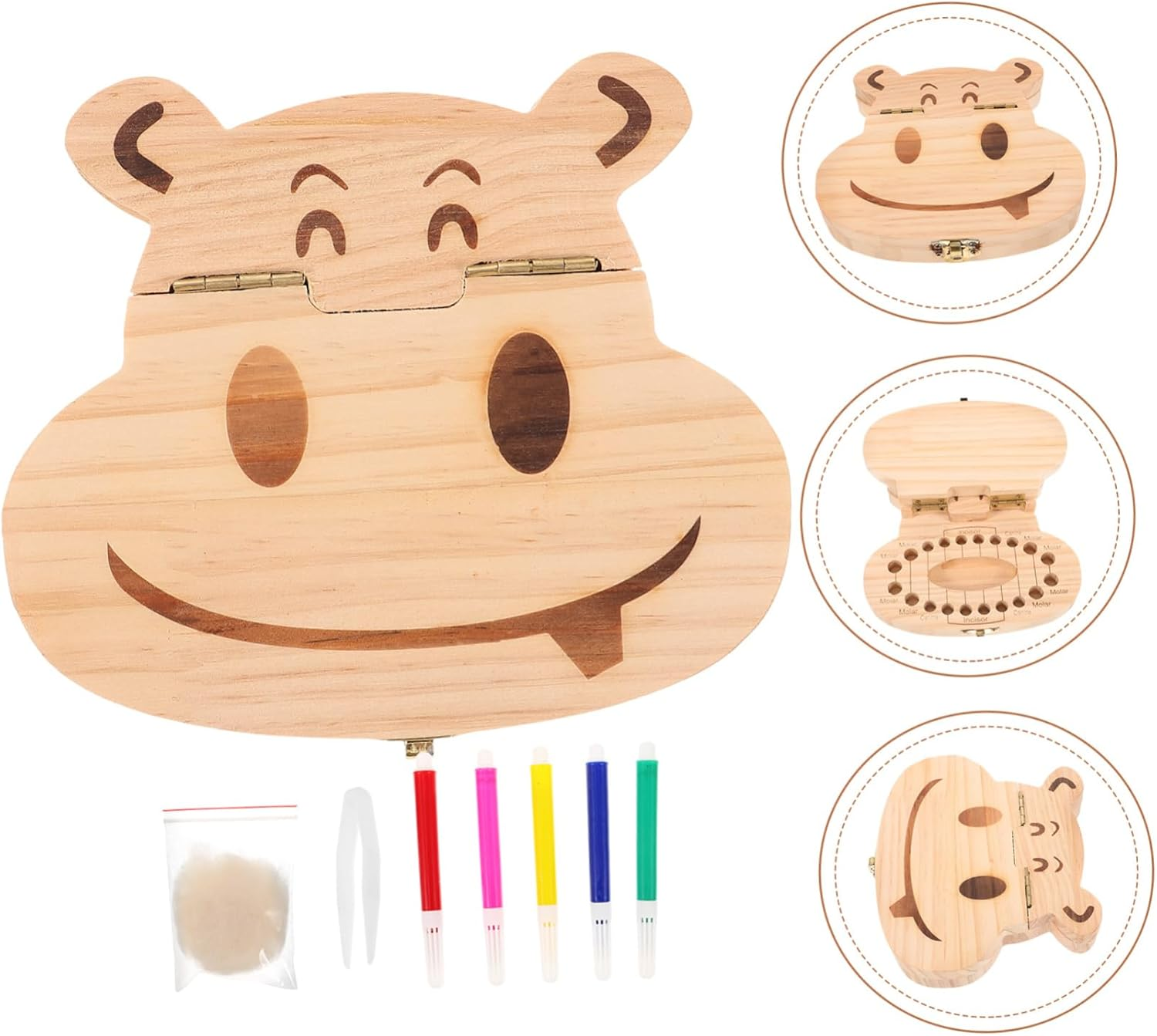 PRETYZOOM Baby Teeth Box and Fetal Hair Saver Wooden Keepsake Organizer Cartoon Hippo Design for Newborns and Children Tooth Storage Souvenir image number 5