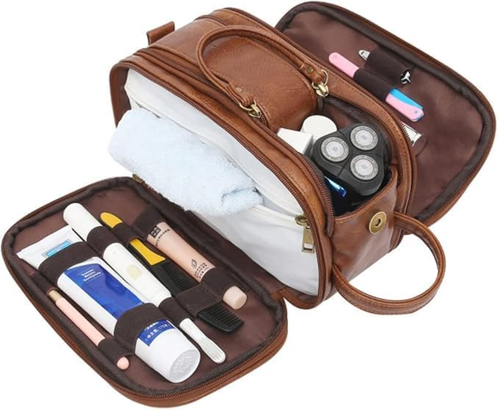 Water-Resistant Leather Toiletry Bag for Men, Large Travel Wash Bag Shaving Dopp Kit Bathroom Toiletries Makeup Organizer (Brown) image number 3
