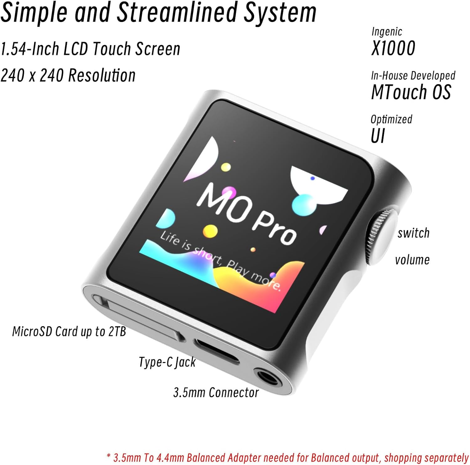 SHANLING M0 Pro MP3 Player，Hi-Res Portable Music Player with Bluetooth，Digital Audio Player 1.54&rdquo; HD Touch Screen up to 15 Hour Battery Bluetooth and USB Type-C Dongle 3.5Mm Jacks（Sliver） image number 3