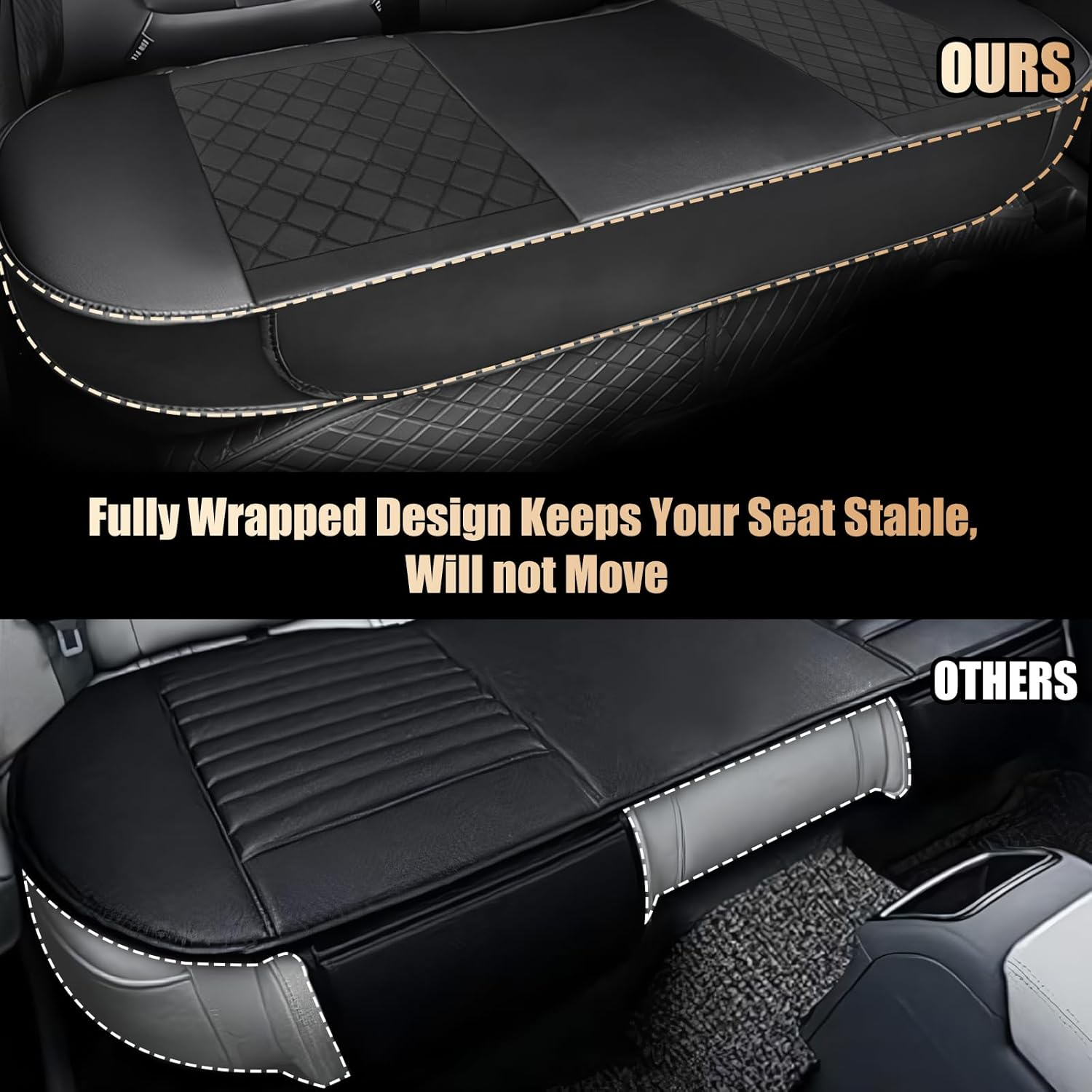 Car Seat Cover 3Pc PU Leather, Include 2 Pack Front Car Seat Cover and 1 Pack Rear Bench Cover, Edge Full Wrapping, Seat Protector for Seat Bottom with Storage Pocket, Anti-Slip,Universal, Black image number 5