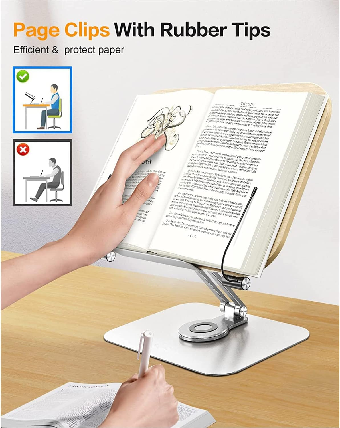 Book Stand for Reading, Adjustable Holder with 360&deg; Rotating Base & Page Clips, Foldable Desktop Ricer for Cookbook, Sheet Music, Laptop, Recipe, Textbook, Hands Free, Wood, Aluminium image number 6