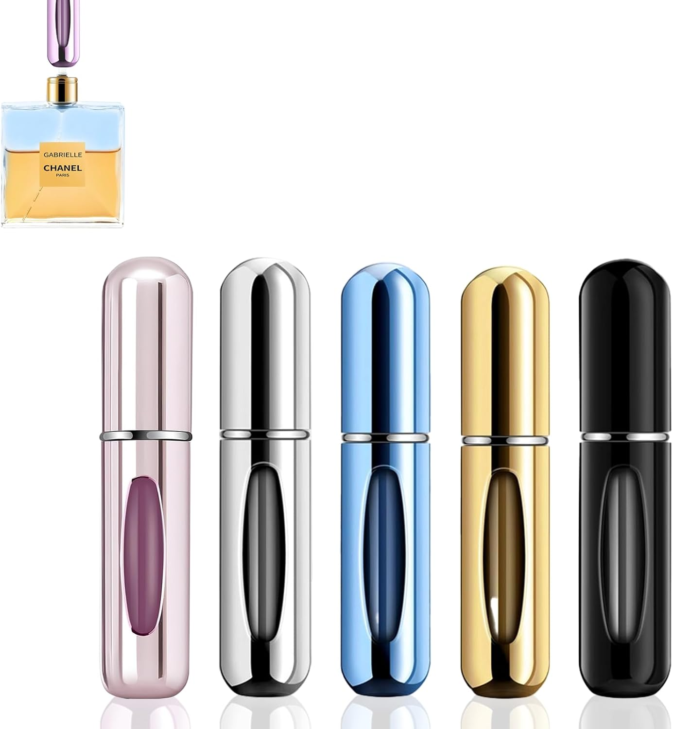 5PCS 5Ml Refillable Travel Perfume Atomizer Mini Spray Travel Perfume Bottle Empty Atomiser Perfume Bottle for Travel Holiday Outgoing (Bright-Gold, Silver, Pink, Black, Blue)