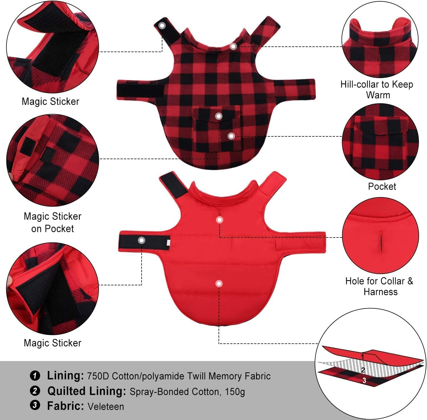 ASENKU Dog Winter Coat, Dog Fleece Jacket Plaid Reversible Dog Vest Waterproof Windproof Cold Weather Dog Clothes Pet Apparel for Small Medium Large Dogs Red M image number 3