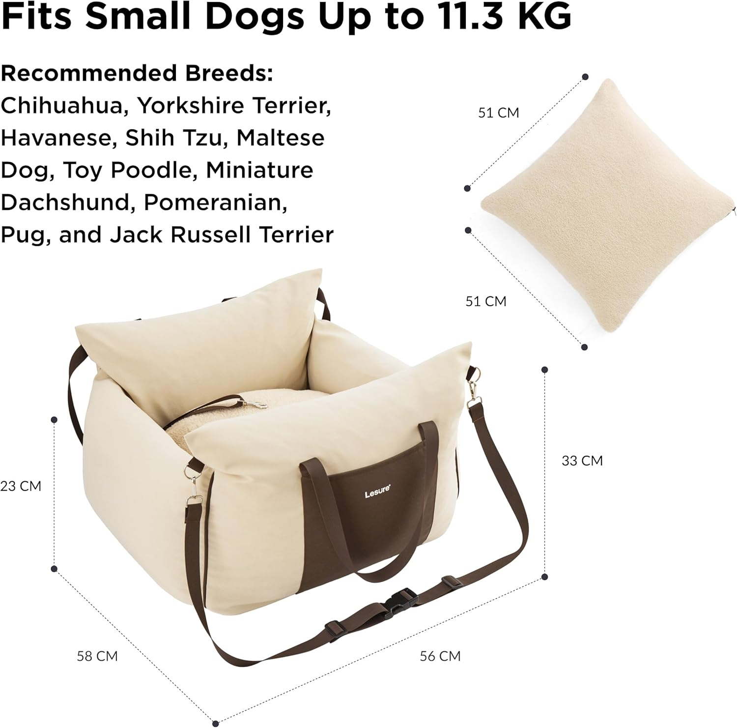 Lesure Dog Car Seat for Medium Dog - Waterproof Dog Booster Seat for Car with Storage Pockets, Clip-On Safety Leash and Memory Foam Filling, Small Pets Travel Carrier Bed, 58X56X33Cm, Beige image number 4