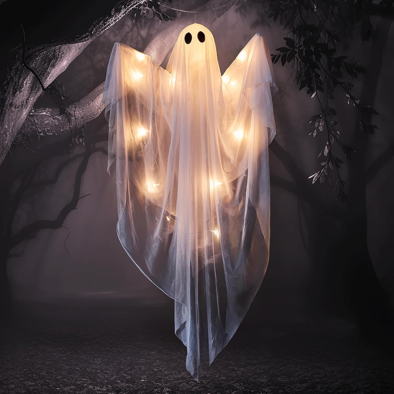 JOYIN Halloween Hanging Light up Ghost with Spooky Warm White LED Light, 47&rdquo; Halloween Hanging Decoration White Ghosts for Front Yard Patio Lawn Garden Party Decor Indoor Outdoor image number 6