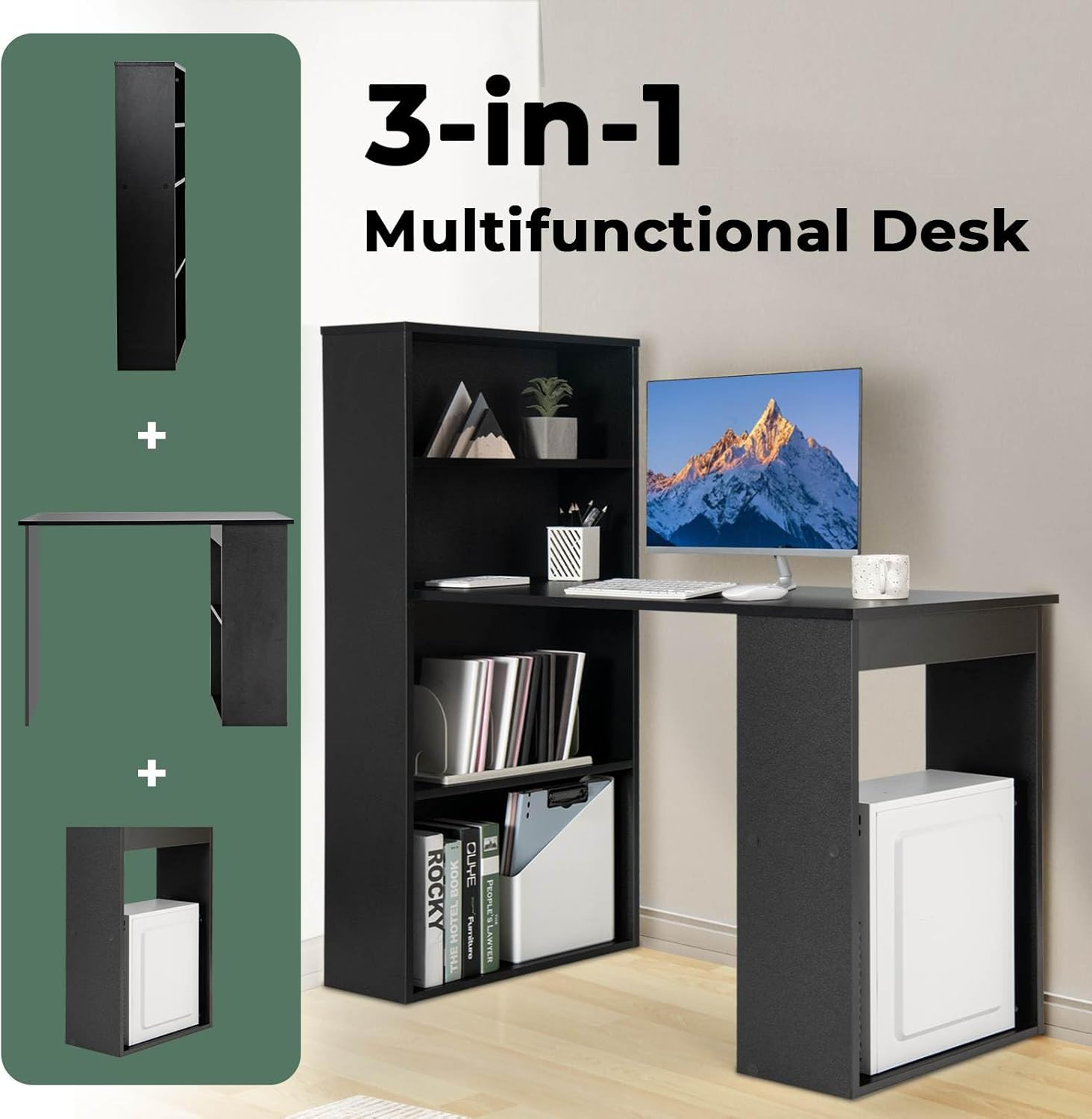 Costway 121.5 Cm Computer Desk with Bookshelf, 3-In-1 Home Office Desk with 4-Tier Bookcase & CPU Stand, Space-Saving Reversible Writing Desk Work Table for Bedroom, Study Room, Office (Black) - Black image number 4