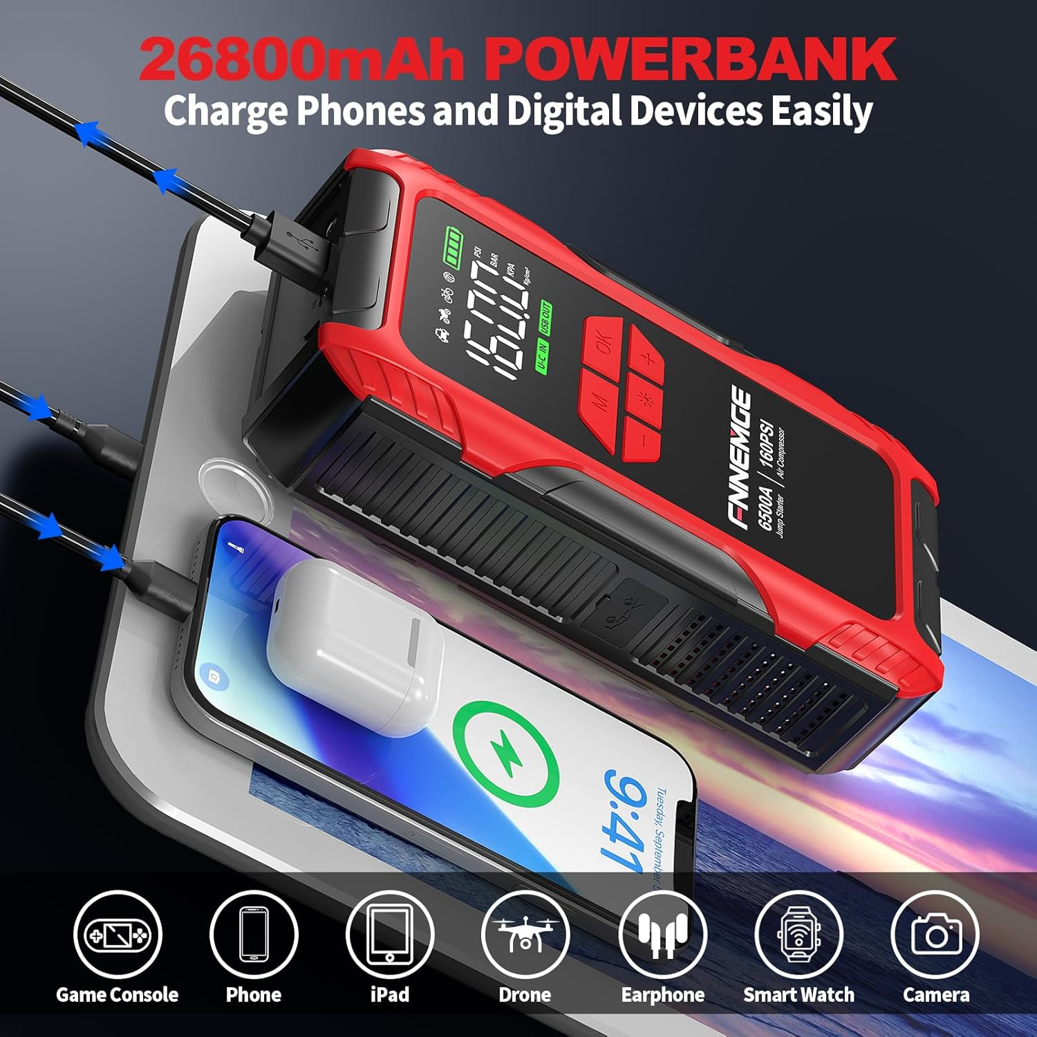 FNNEMGE 6500A Jump Starter with Air Compressor, 26800Mah Car Battery Jumper Starter Portable 12V(For All Gas/10.0L Diesel), 160PSI Tire Inflator, with USB Output,2 LED Light,Hd Large Screen.