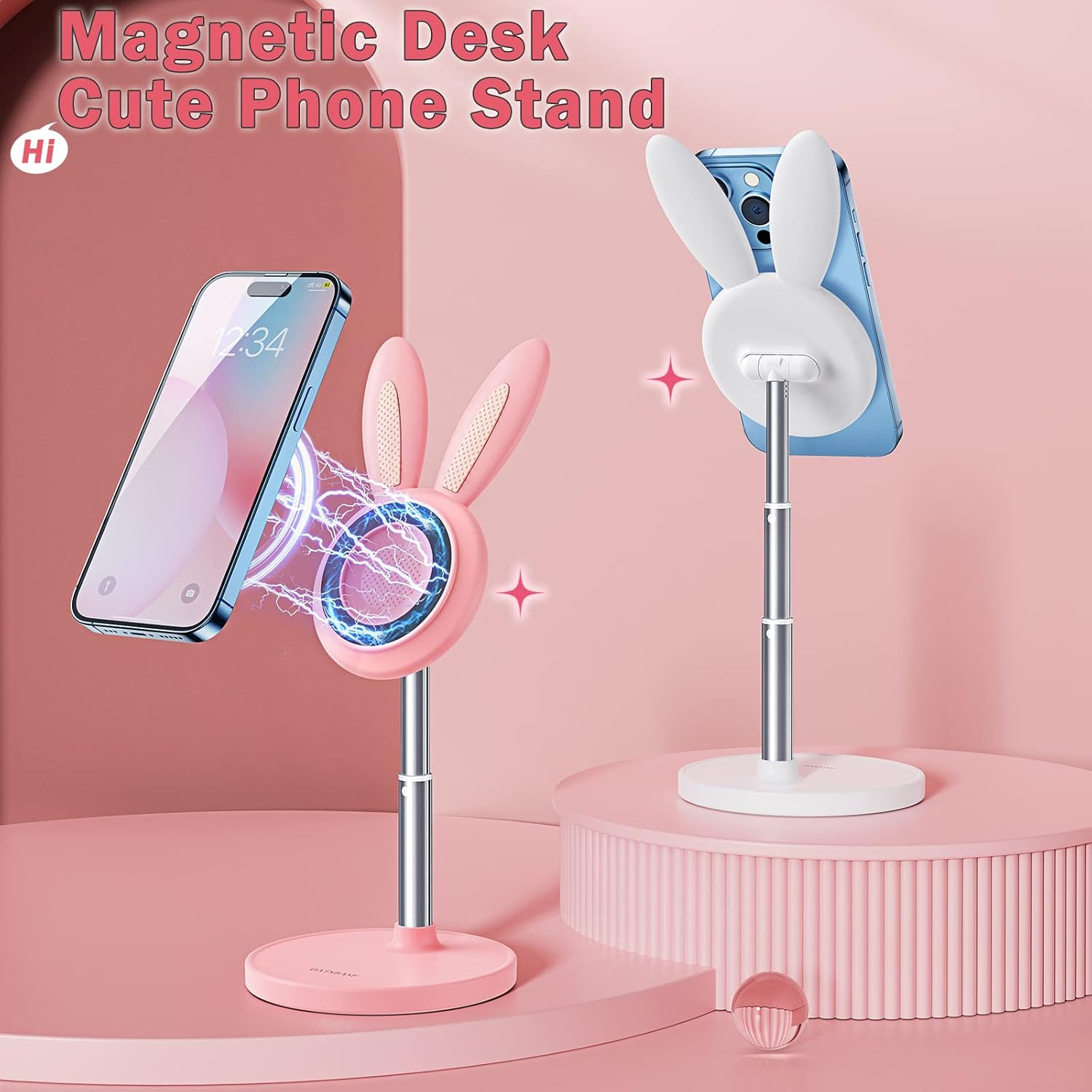 OATSBASF Magnetic Desk Cute Phone Stand for Magsafe, Adjustable Bunny Phone Holder Stand for Iphone 14/13/12, Comes with a Magnetic Patch for All Phones (M-Pink) (TZZJ-P)