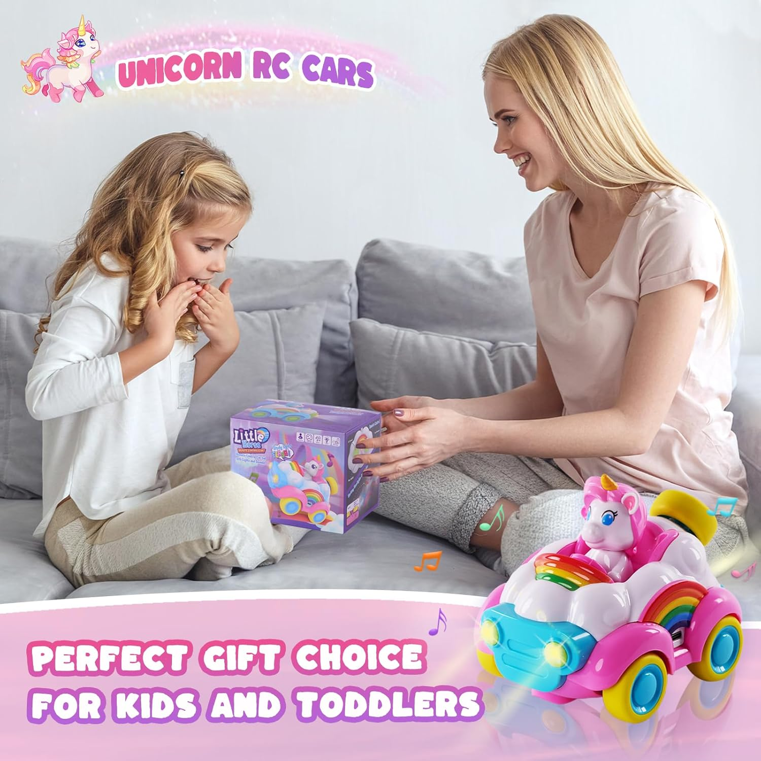 Remote Control Car, Pink Unicorn RC Cars, Cartoon RC Race Car with Cute Cool LED Lights, Toy Car with Music & Sound Toy for Toddler Kids, Baby Toys Birthday Gifts for Kids Girl Age 1 2 3 image number 2