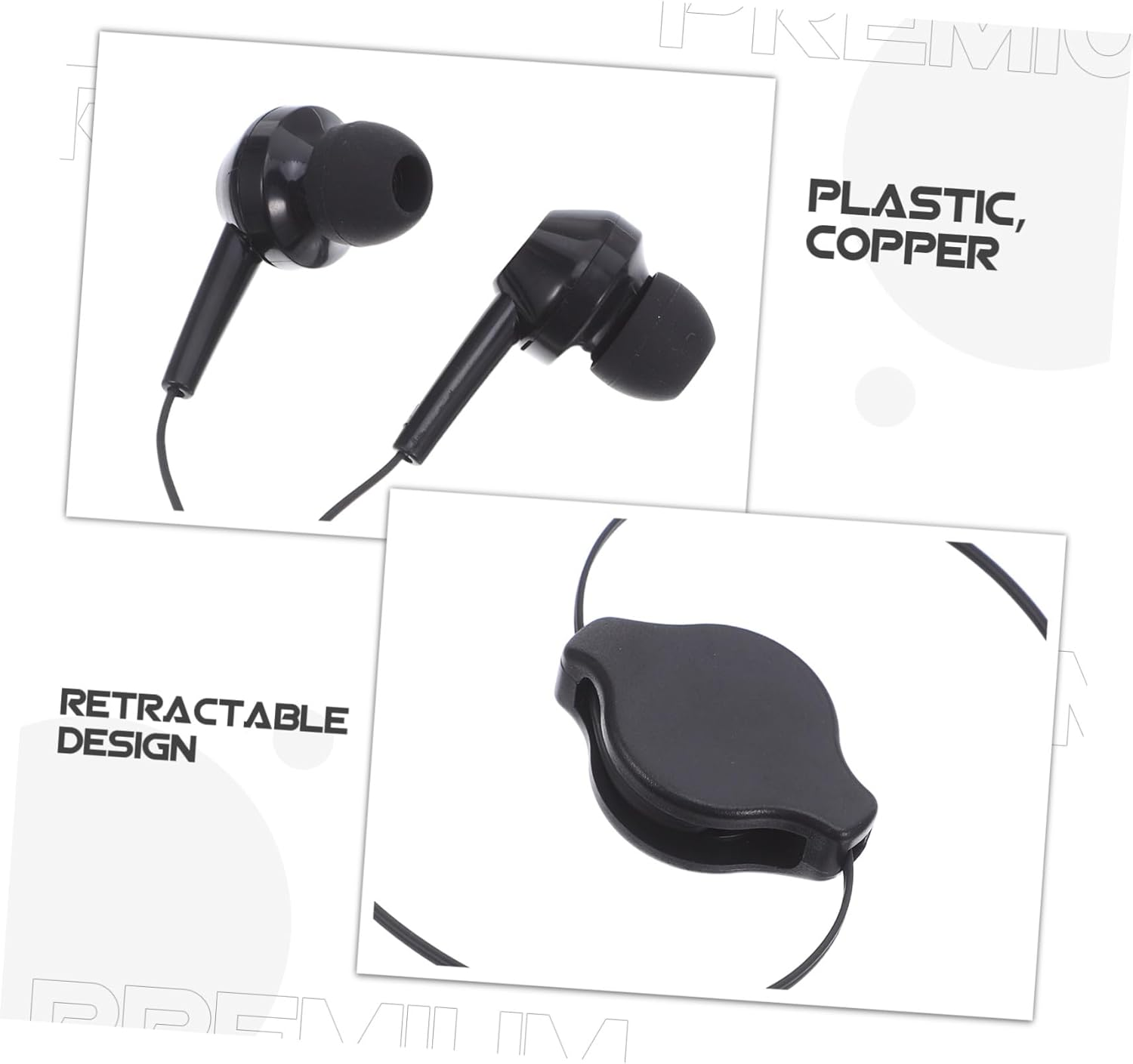 TOBBOMEY 2Pcs Retractable In-Ear Earbuds Wired Earphones with Twin-Pull Cable Stable Fit and Portable Design for Travel Gym Office Home Black Headphones image number 2