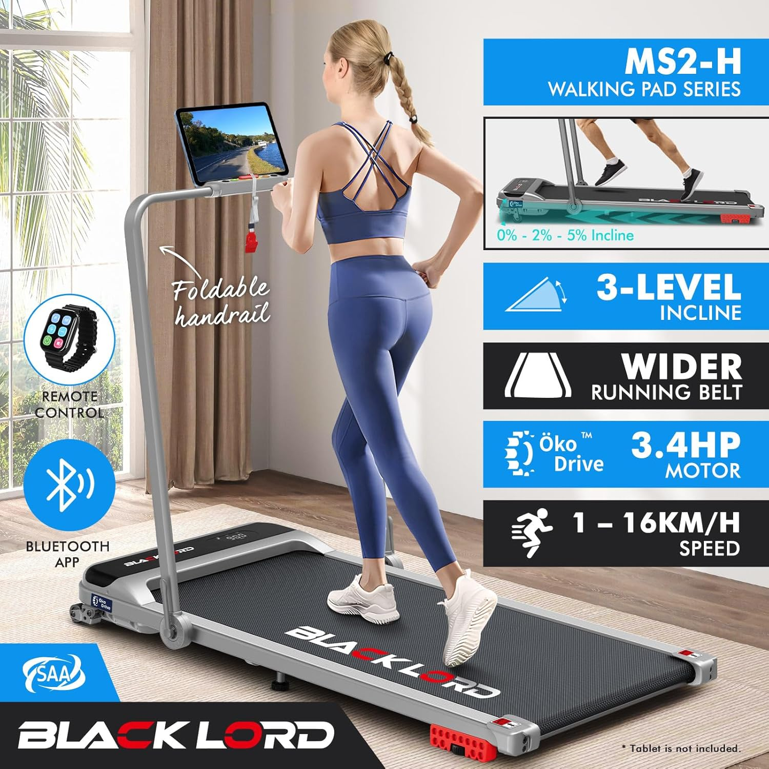 BLACK LORD Treadmill Electric Walking Pad under Desk 3.4HP with 3-Level Incline, Jogging Running Exercise Workout Machine with Bluetooth Control, Cardio Trainer for Home Gym Office, MS2-H Silver image number 3