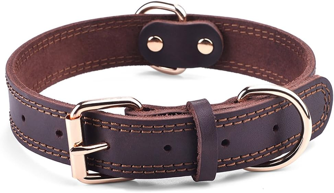 Genuine Leather Heavy Duty Wide Dog Collar, Dual Stitch - Brown (L: 1.2" Wide for 17"-23" Neck, Suitable for Small to Extra Large Dogs) image number 7