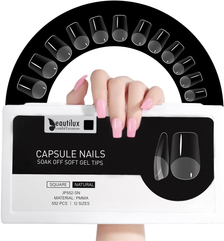 Beautilux Nail Tips, Pack of 552, Coffin Medium Tips for Gel Nails, Transparent, 12 Sizes, Pre-Buff PMMA Soft Full Cover Nail Tips for Home Manicure and Nail Salons image number 5