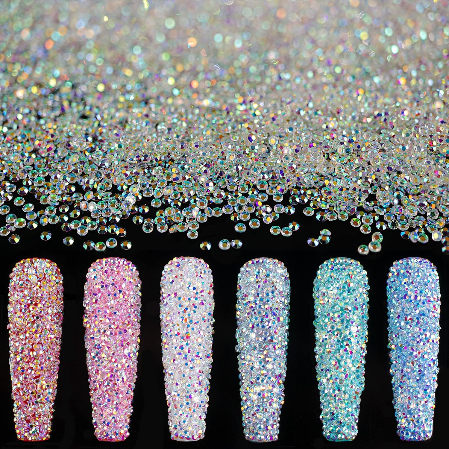 Tiny Nail Rhinestones 5000Pcs 1.2Mm Mini Pixie AB Glass Crystals for Nail Art Manicure Iridescent Long Lasting Shine Small Rhinestone Micro Dust Glitter Caviar Bead Sugar Gem