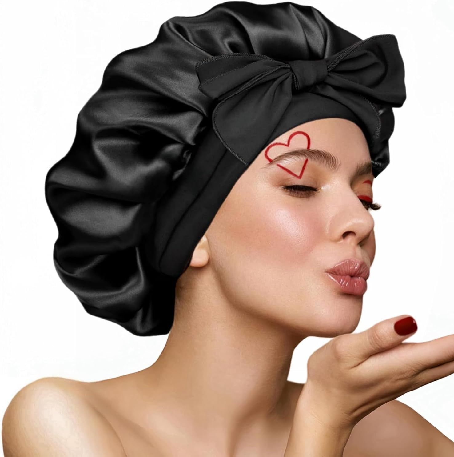 Mumoo Bear Silk Bonnet Satin Hair Bonnet for Sleeping Night with Tie Band with Head Wrap for Women (Black) image number 1