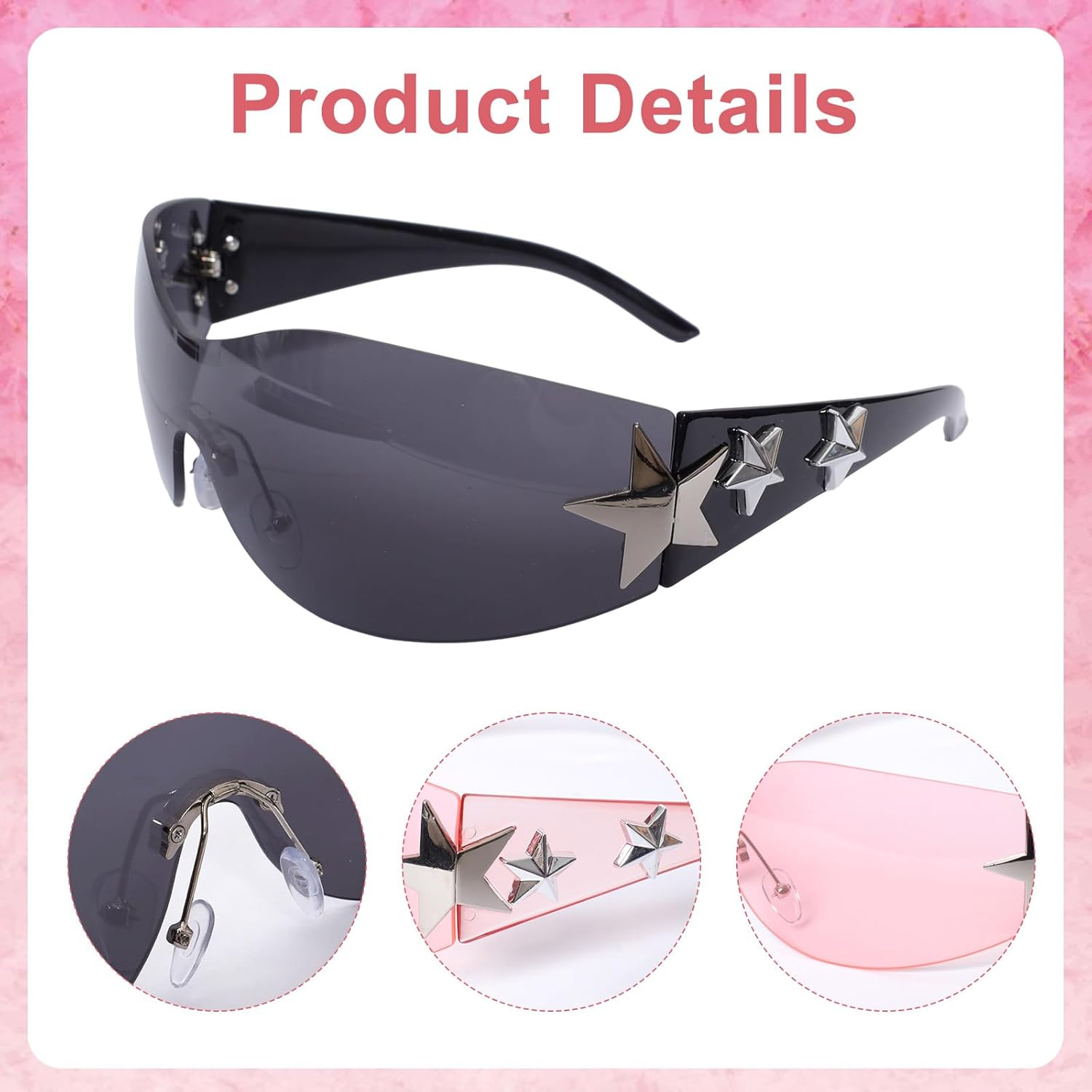 Nfvjfxz 2 Pairs Fashion Y2K Sunglasses Star Sunglasses Oversized Frameless Black and Pink Glasses for Women Men Driving Shopping Riding Street Photography image number 6